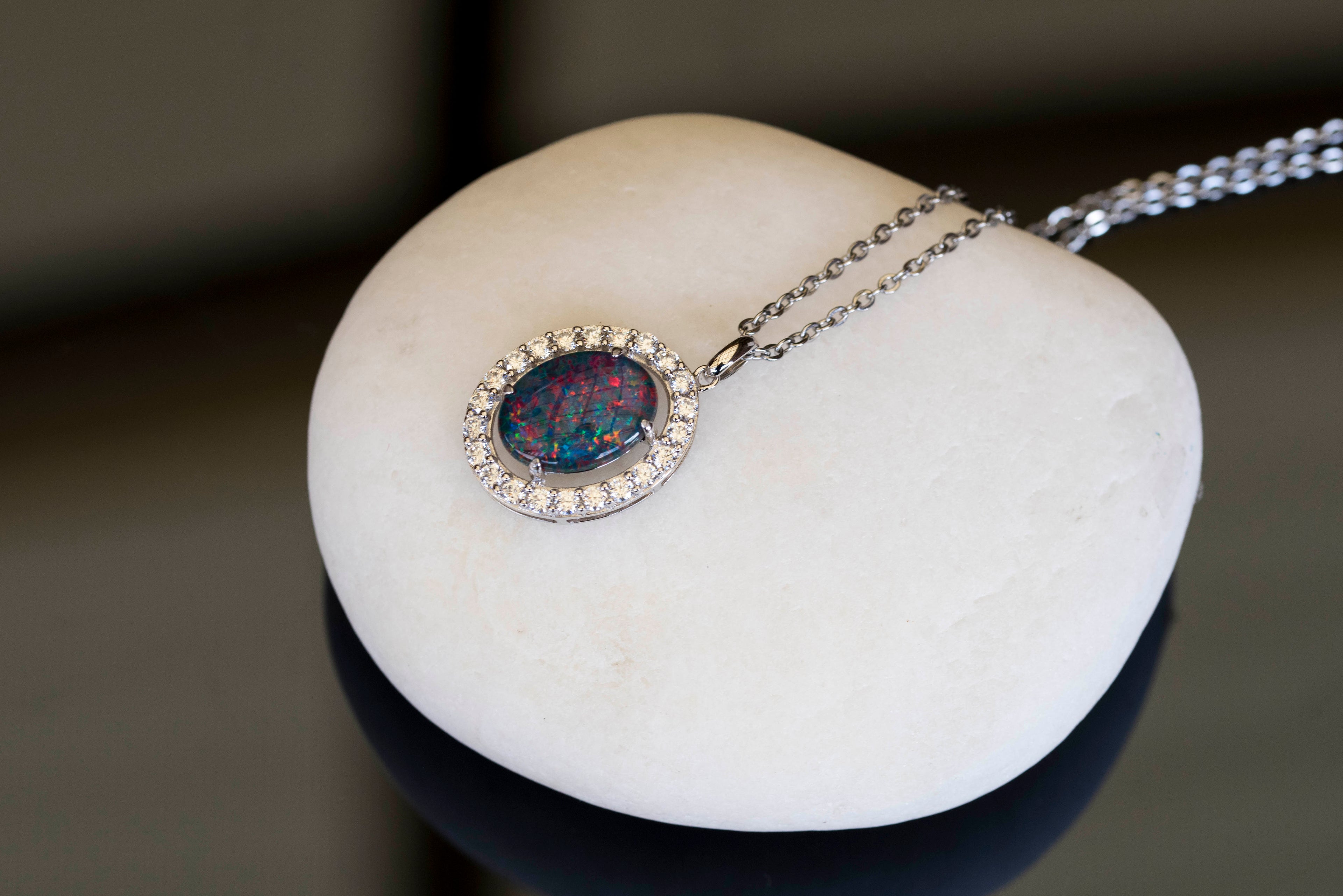 Luxury Australian Triplet Opal Jewelry - Halo Cluster Multi Color Fire Opal Necklace - Genuine Australian Triplet Opal Pendant in Sterling Silver White Gold Plated