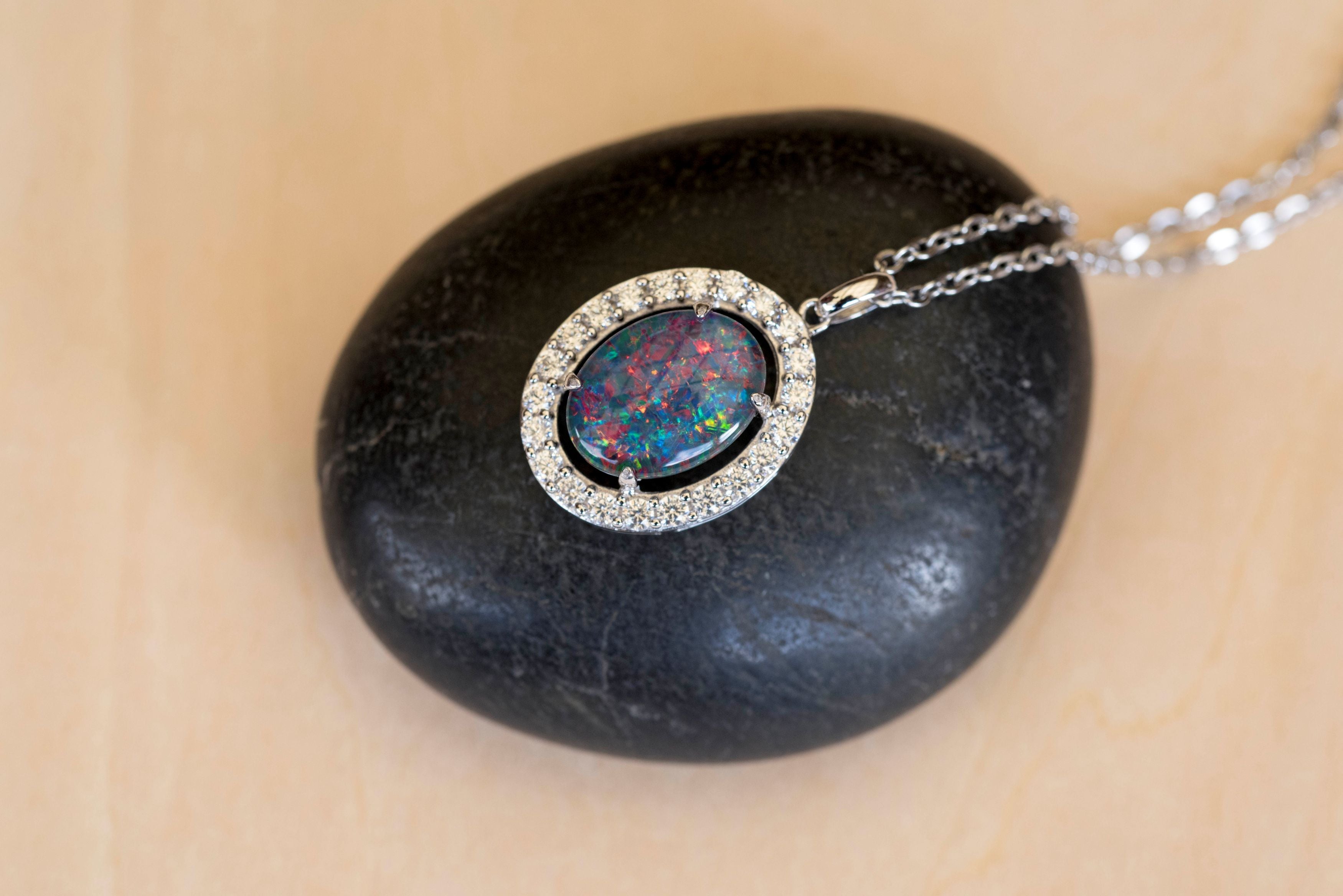 Luxury Australian Triplet Opal Jewelry - Halo Cluster Multi Color Fire Opal Necklace - Genuine Australian Triplet Opal Pendant in Sterling Silver White Gold Plated