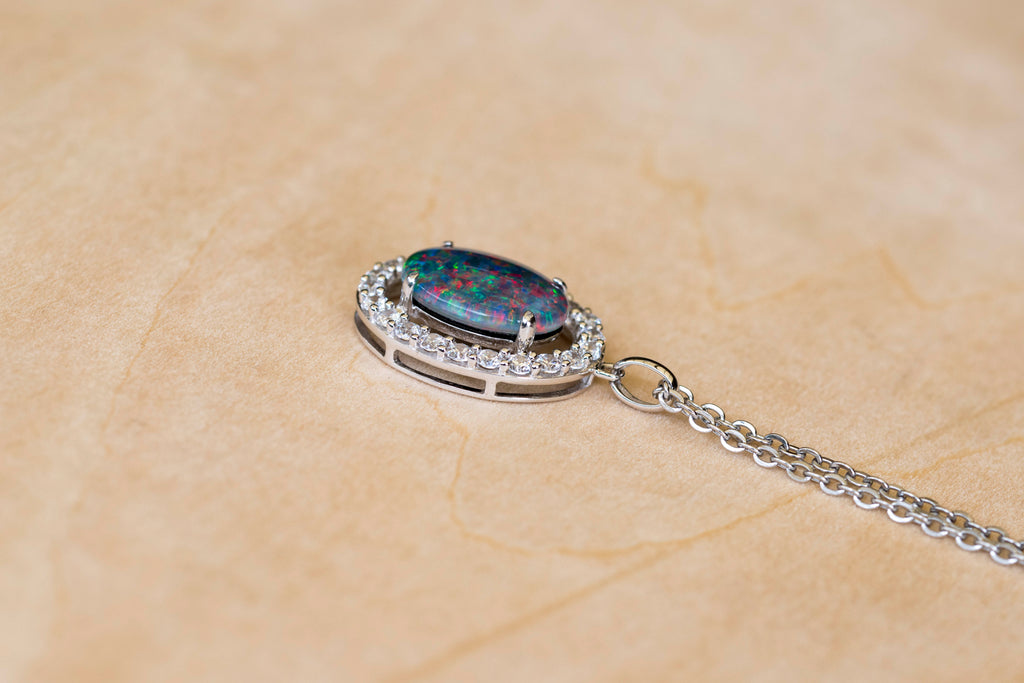 Luxury Australian Triplet Opal Jewelry - Halo Cluster Multi Color Fire Opal Necklace - Genuine Australian Triplet Opal Pendant in Sterling Silver White Gold Plated