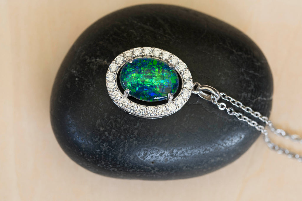 Luxury Australian Triplet Opal Necklace – Genuine Green & Blue Multi-Color Fire Opal Pendant, Sterling Silver with White Gold Plating, Halo Cluster Design