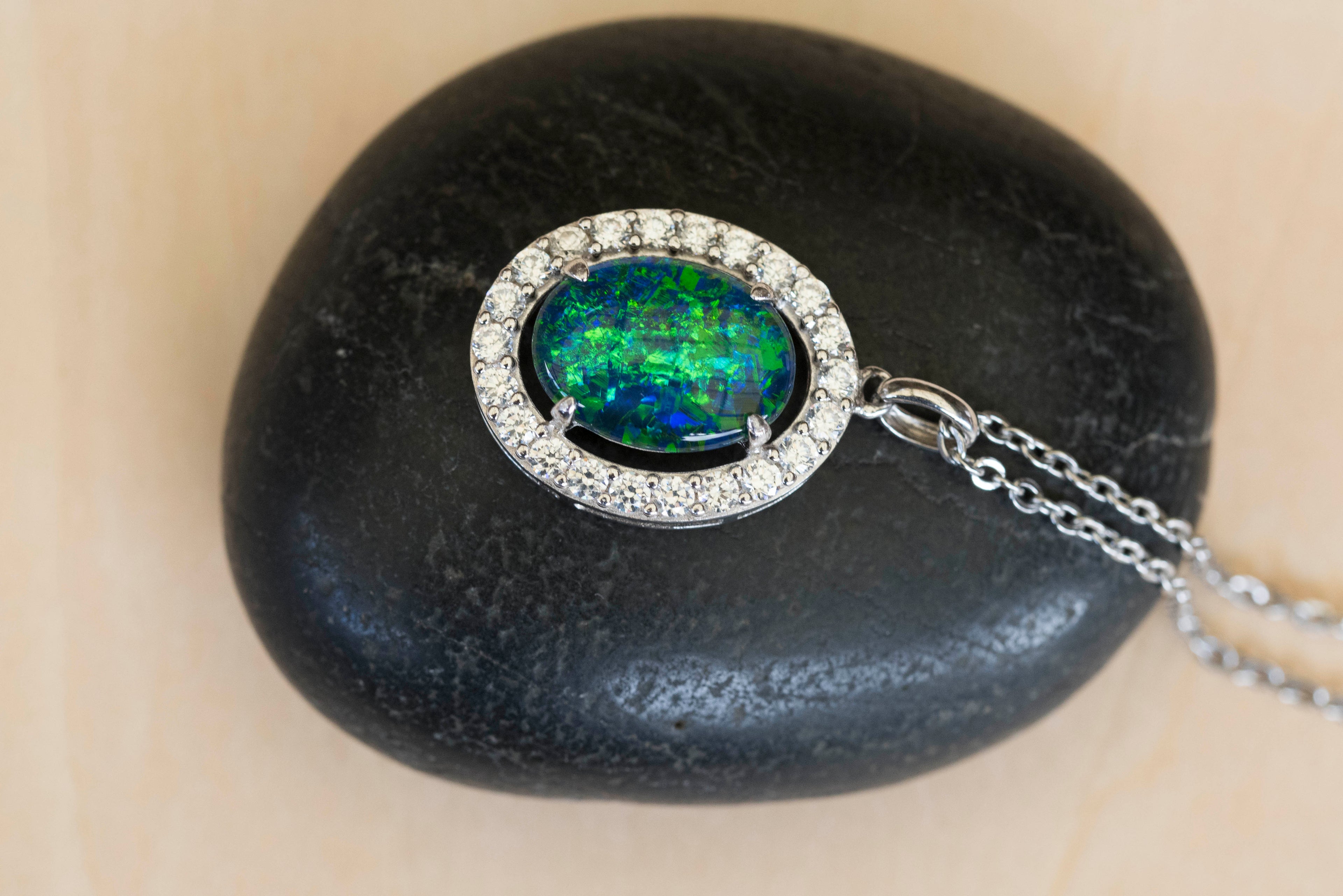 Luxury Australian Triplet Opal Necklace – Genuine Green & Blue Multi-Color Fire Opal Pendant, Sterling Silver with White Gold Plating, Halo Cluster Design