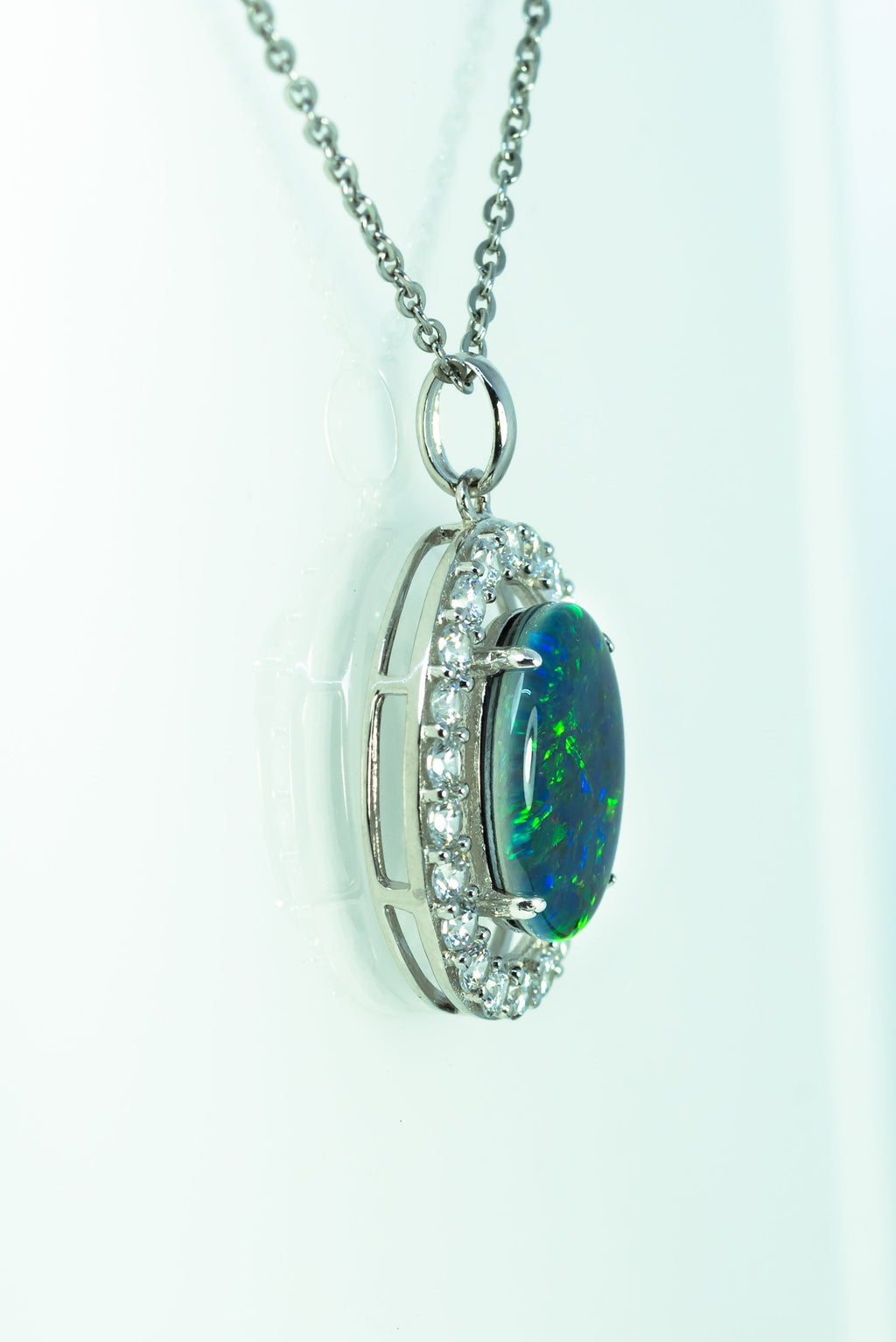 Luxury Australian Triplet Opal Necklace – Genuine Green & Blue Multi-Color Fire Opal Pendant, Sterling Silver with White Gold Plating, Halo Cluster Design
