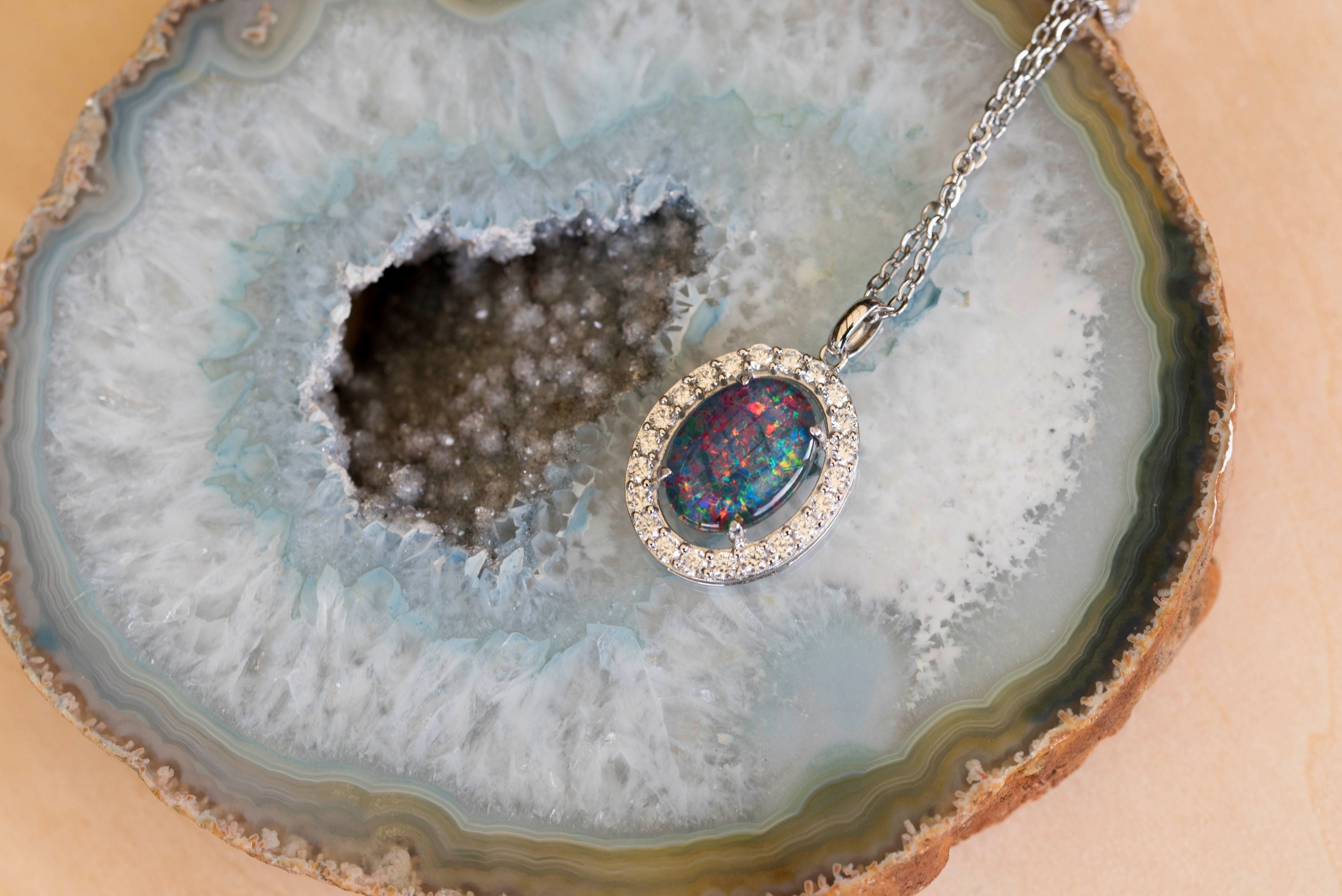 Luxury Australian Triplet Opal Jewelry - Halo Cluster Multi Color Fire Opal Necklace - Genuine Australian Triplet Opal Pendant in Sterling Silver White Gold Plated