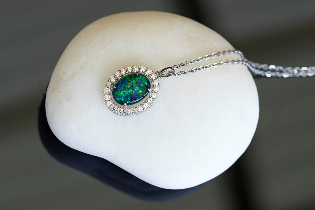 Luxury Australian Triplet Opal Necklace – Genuine Green & Blue Multi-Color Fire Opal Pendant, Sterling Silver with White Gold Plating, Halo Cluster Design