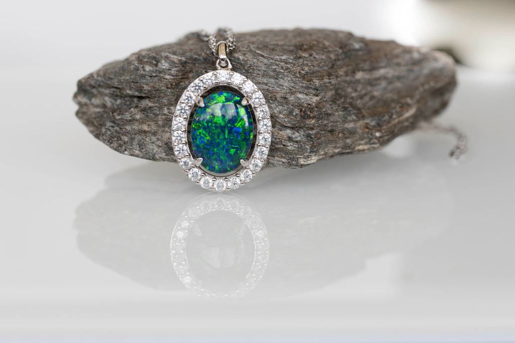Luxury Australian Triplet Opal Necklace – Genuine Green & Blue Multi-Color Fire Opal Pendant, Sterling Silver with White Gold Plating, Halo Cluster Design