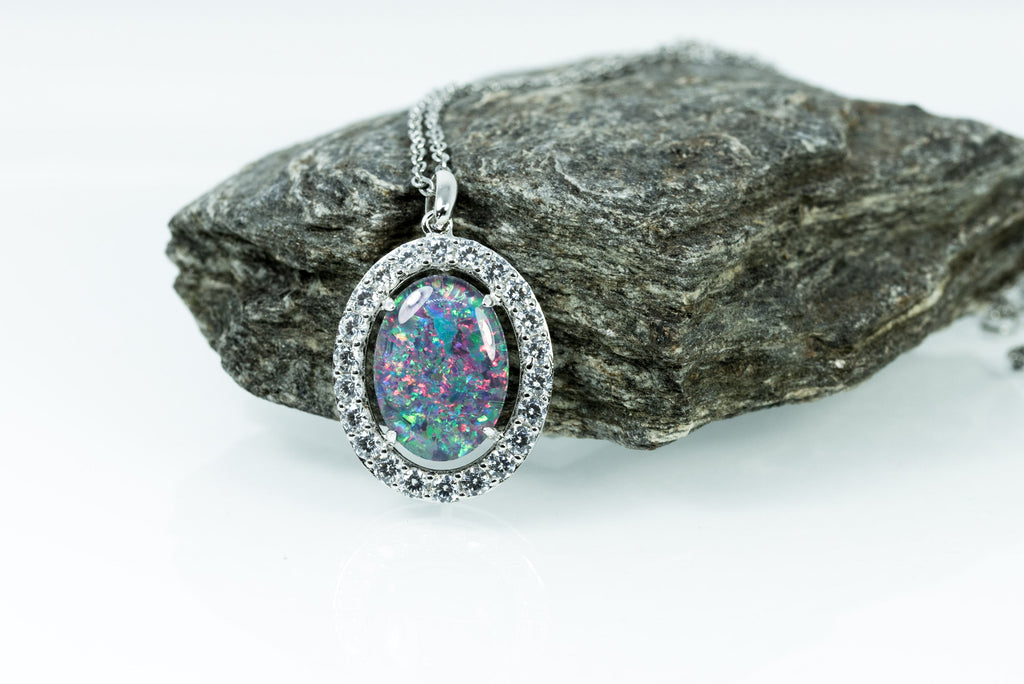 Luxury Australian Triplet Opal Jewelry - Halo Cluster Multi Color Fire Opal Necklace - Genuine Australian Triplet Opal Pendant in Sterling Silver White Gold Plated