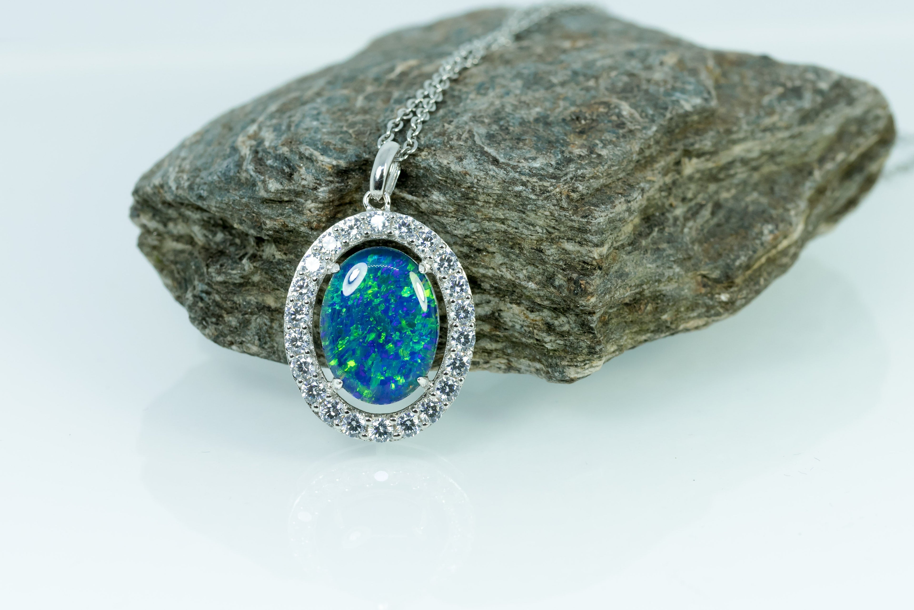 Luxury Australian Triplet Opal Necklace – Genuine Green & Blue Multi-Color Fire Opal Pendant, Sterling Silver with White Gold Plating, Halo Cluster Design