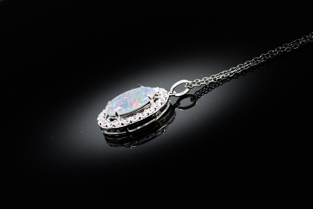 Luxury Australian Triplet Opal Jewelry - Halo Cluster Multi Color Fire Opal Necklace - Genuine Australian Triplet Opal Pendant in Sterling Silver White Gold Plated