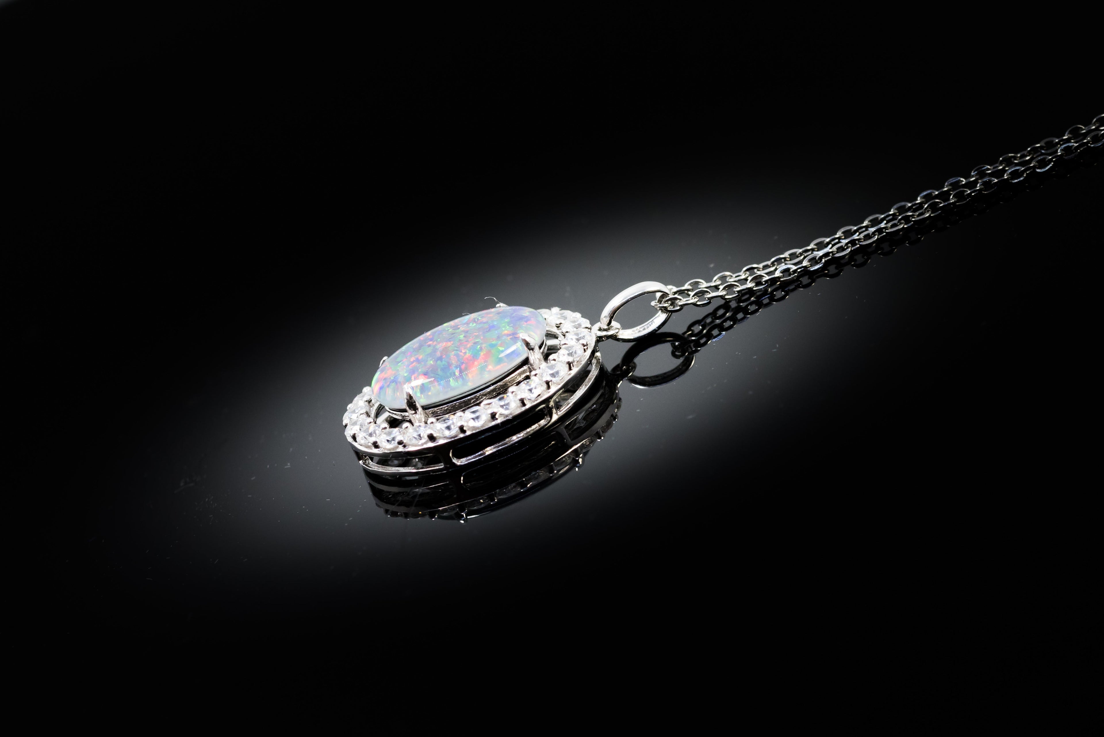 Luxury Australian Triplet Opal Jewelry - Halo Cluster Multi Color Fire Opal Necklace - Genuine Australian Triplet Opal Pendant in Sterling Silver White Gold Plated