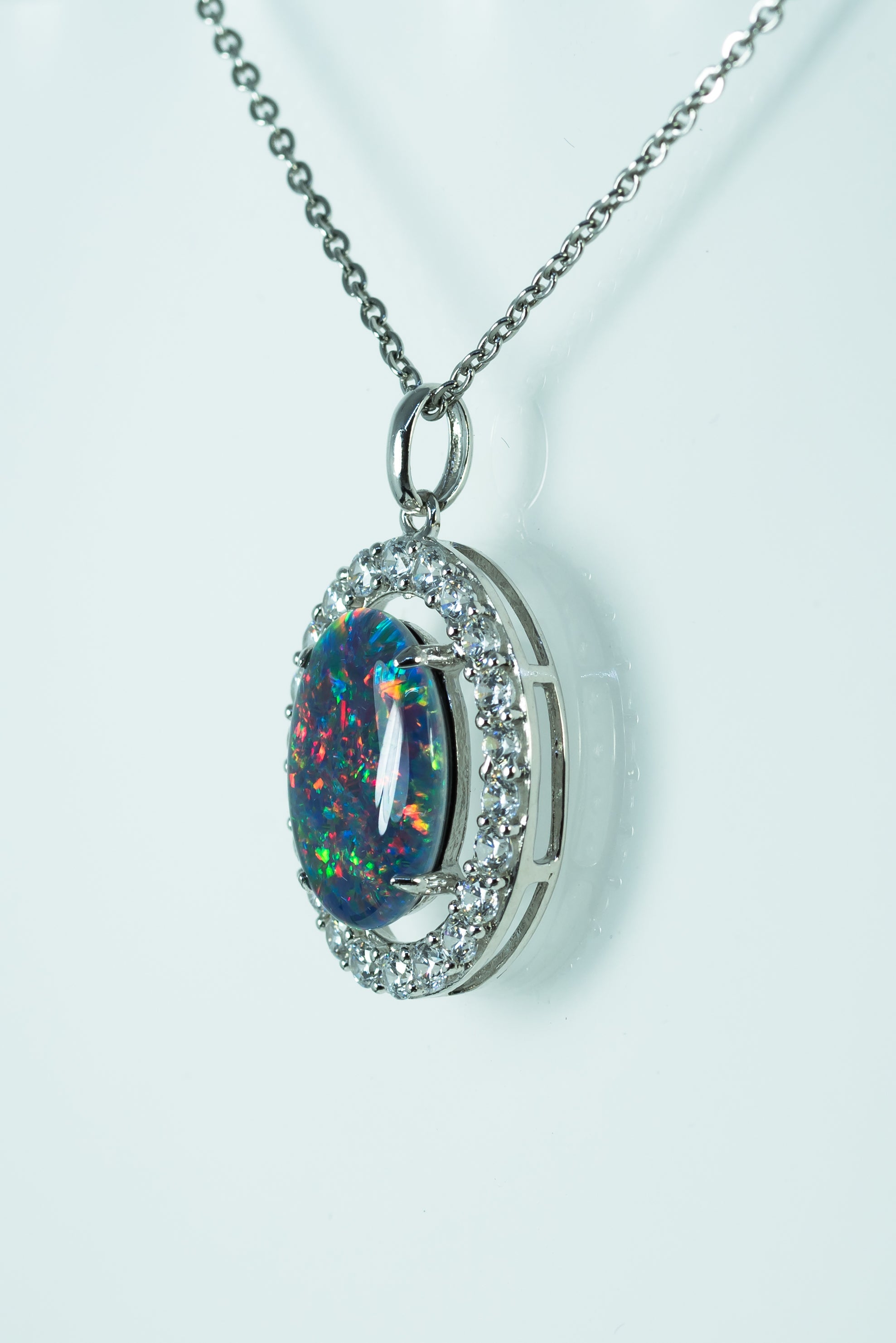 Luxury Australian Triplet Opal Jewelry - Halo Cluster Multi Color Fire Opal Necklace - Genuine Australian Triplet Opal Pendant in Sterling Silver White Gold Plated