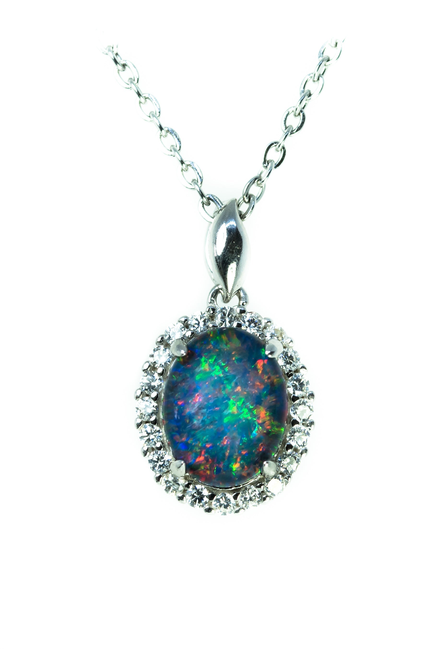 Australian Triplet Opal - Halo Cluster Multi Color Fire Opal Necklace - Genuine Australian Triplet Opal Necklace Pendant in Sterling Silver White Gold Plated