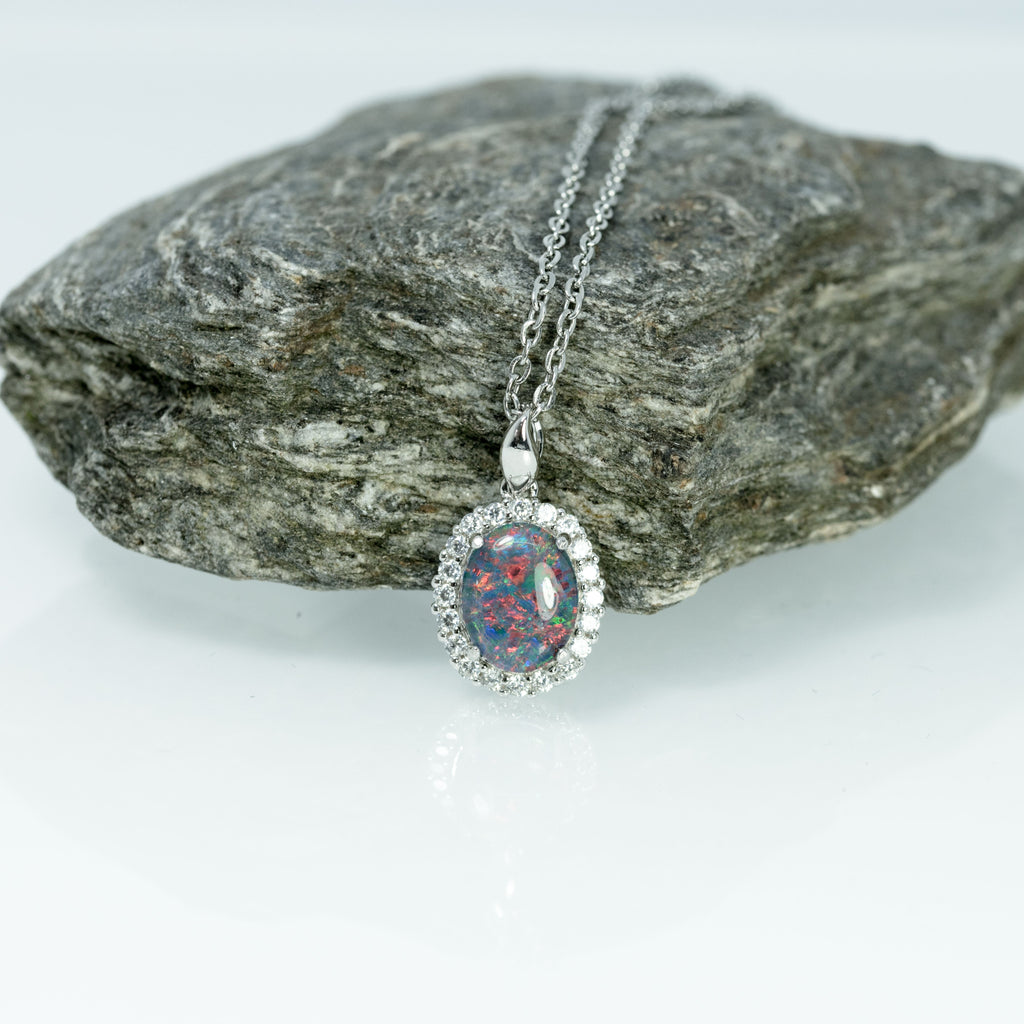 Australian Triplet Opal - Halo Cluster Multi Color Fire Opal Necklace - Genuine Australian Triplet Opal Necklace Pendant in Sterling Silver White Gold Plated