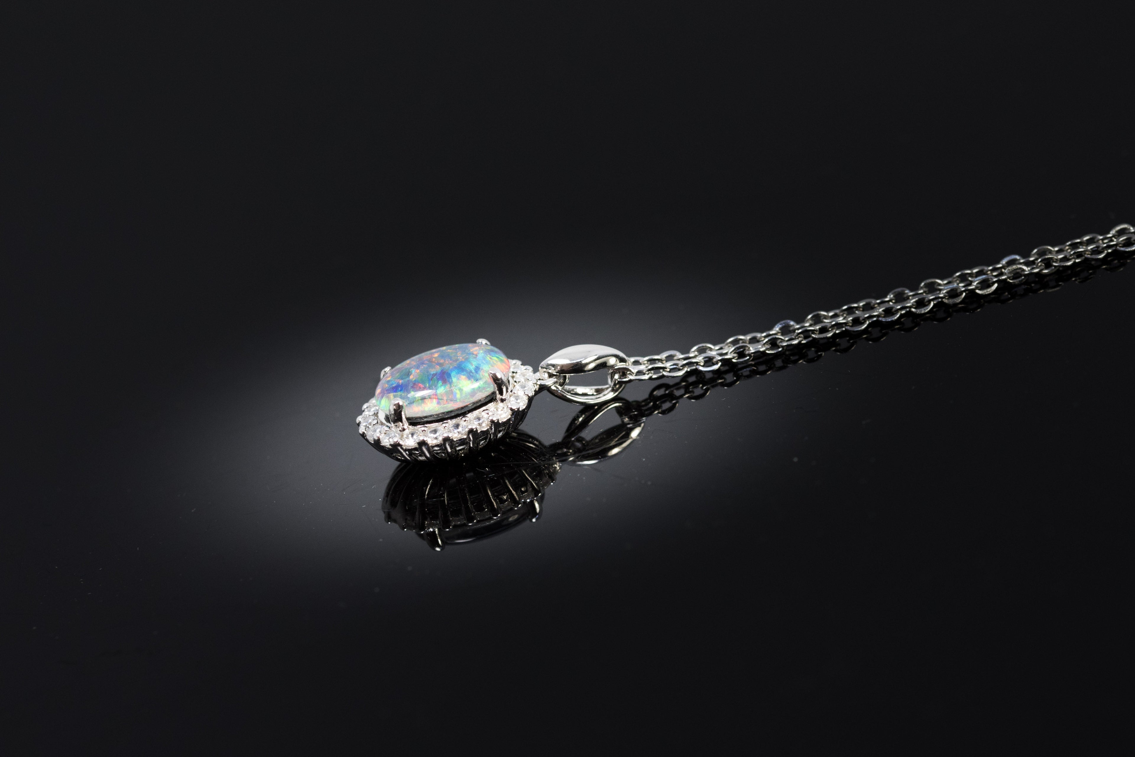 Australian Triplet Opal - Halo Cluster Multi Color Fire Opal Necklace - Genuine Australian Triplet Opal Necklace Pendant in Sterling Silver White Gold Plated