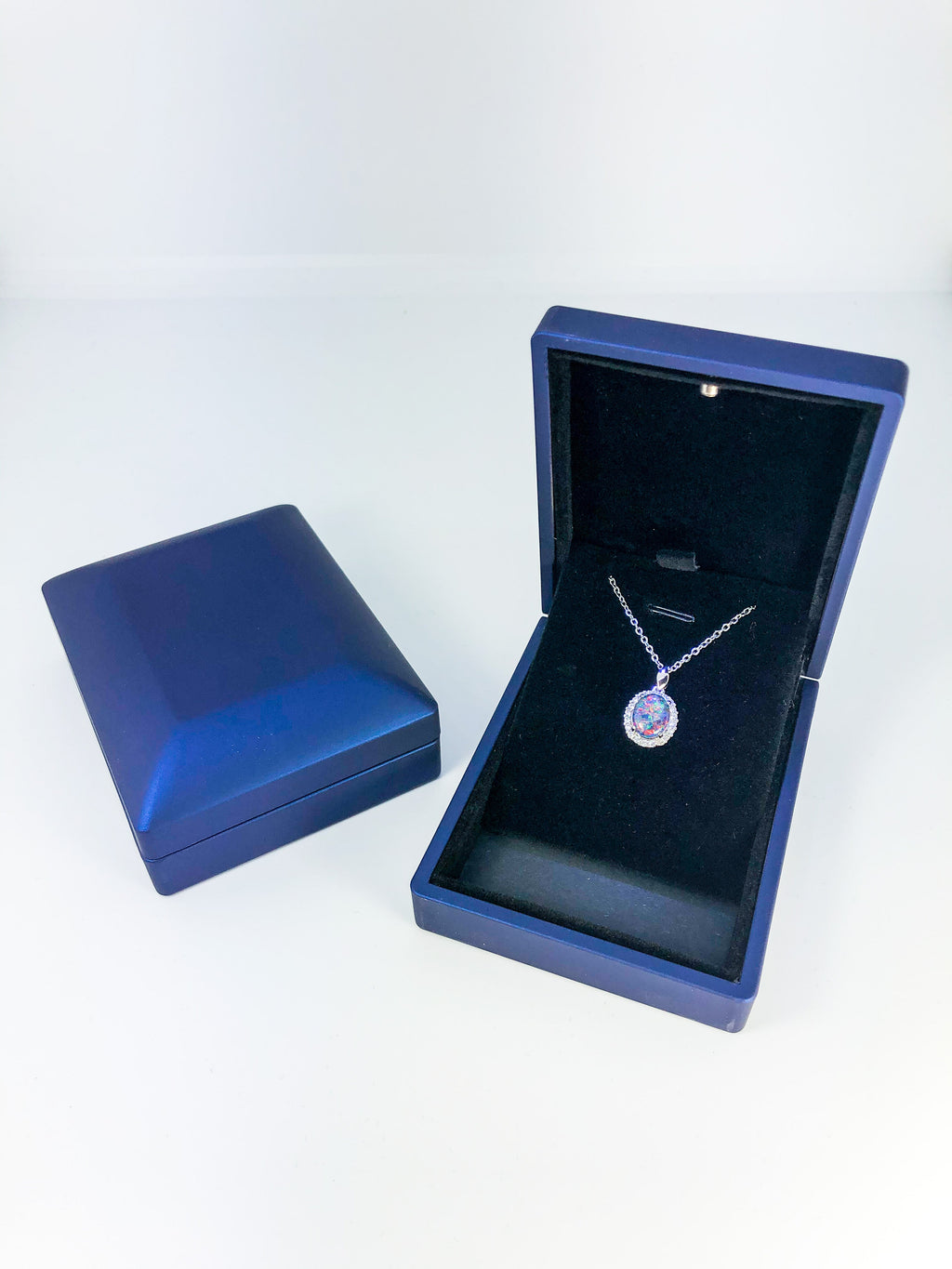 Australian Triplet Opal - Halo Cluster Multi Color Fire Opal Necklace - Genuine Australian Triplet Opal Necklace Pendant in Sterling Silver White Gold Plated