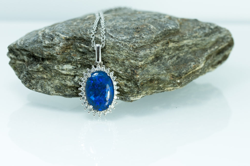 Australian Opal Halo Cluster Luxury Design - Deep Ocean Blue Opal Necklace - Genuine Australian Triplet Opal Necklace Pendant in Sterling Silver White Gold Plated