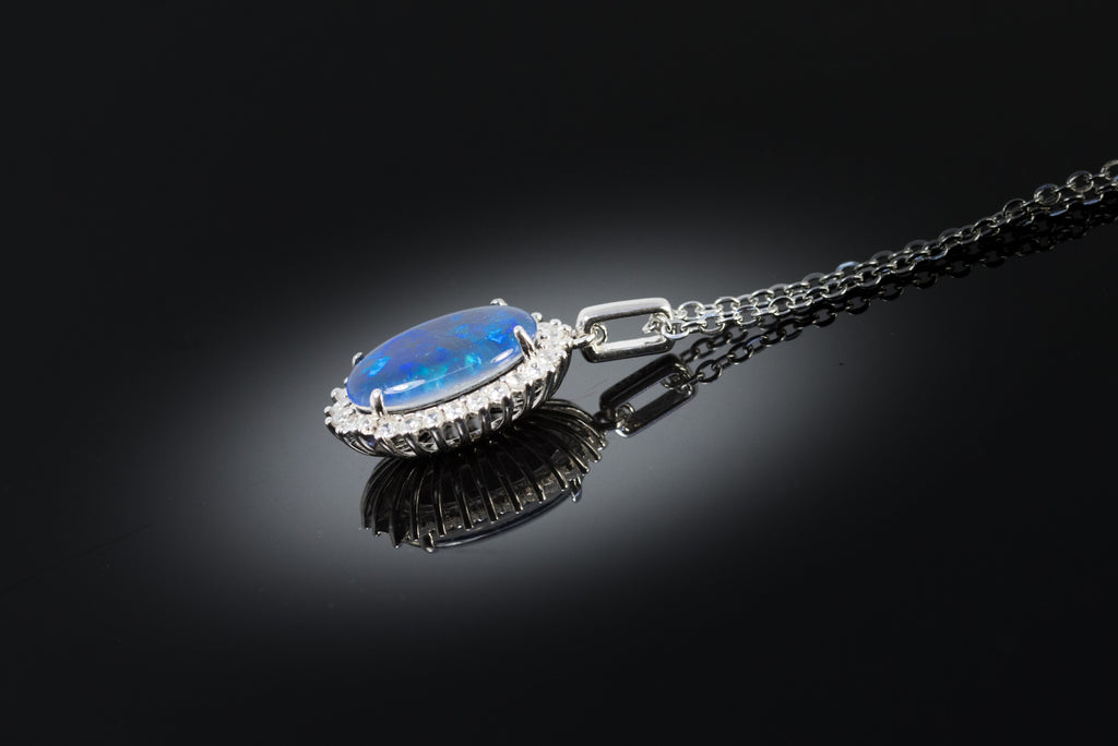 Australian Opal Halo Cluster Luxury Design - Deep Ocean Blue Opal Necklace - Genuine Australian Triplet Opal Necklace Pendant in Sterling Silver White Gold Plated