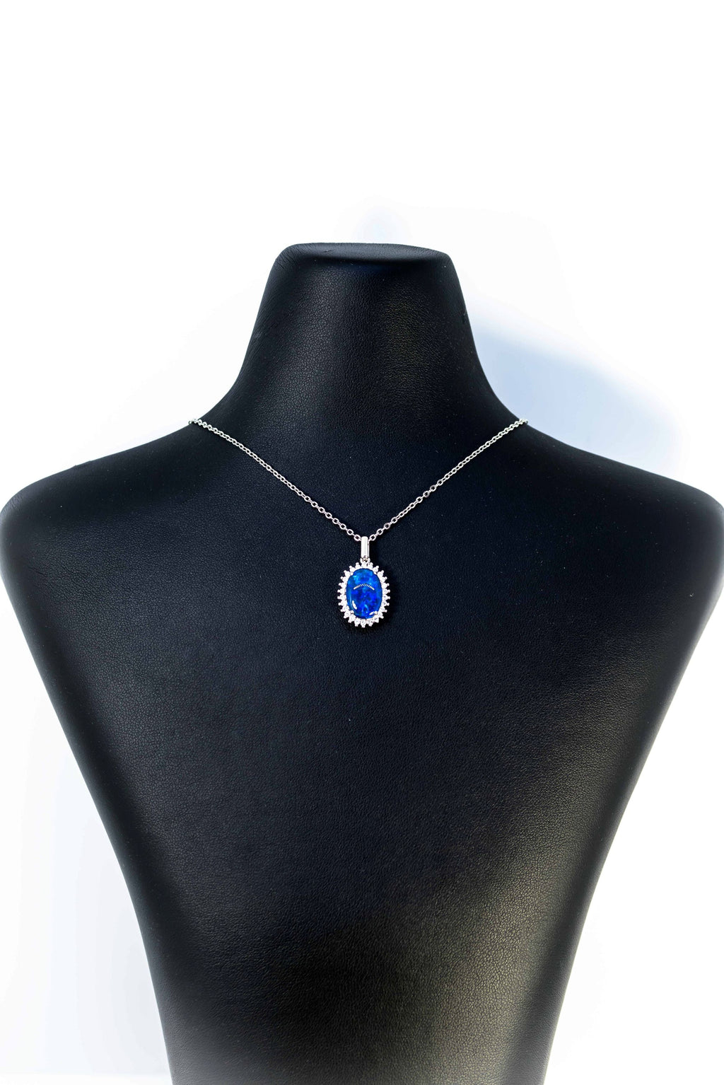 Australian Opal Halo Cluster Luxury Design - Deep Ocean Blue Opal Necklace - Genuine Australian Triplet Opal Necklace Pendant in Sterling Silver White Gold Plated
