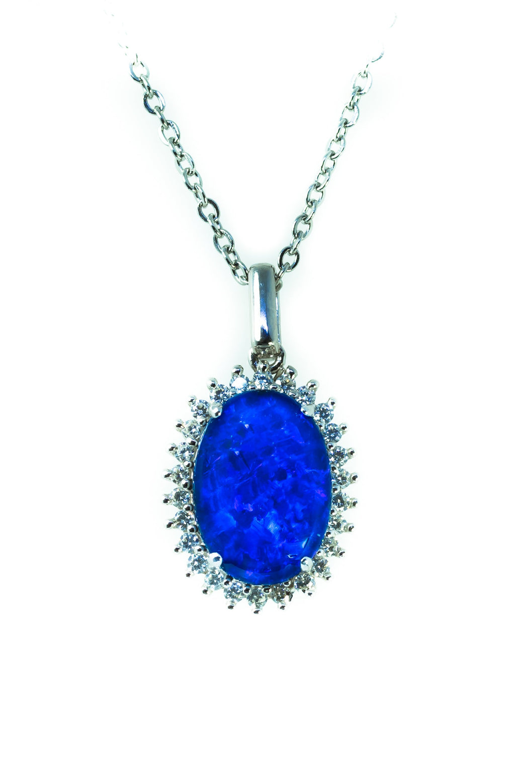 Australian Opal Halo Cluster Luxury Design - Deep Ocean Blue Opal Necklace - Genuine Australian Triplet Opal Necklace Pendant in Sterling Silver White Gold Plated