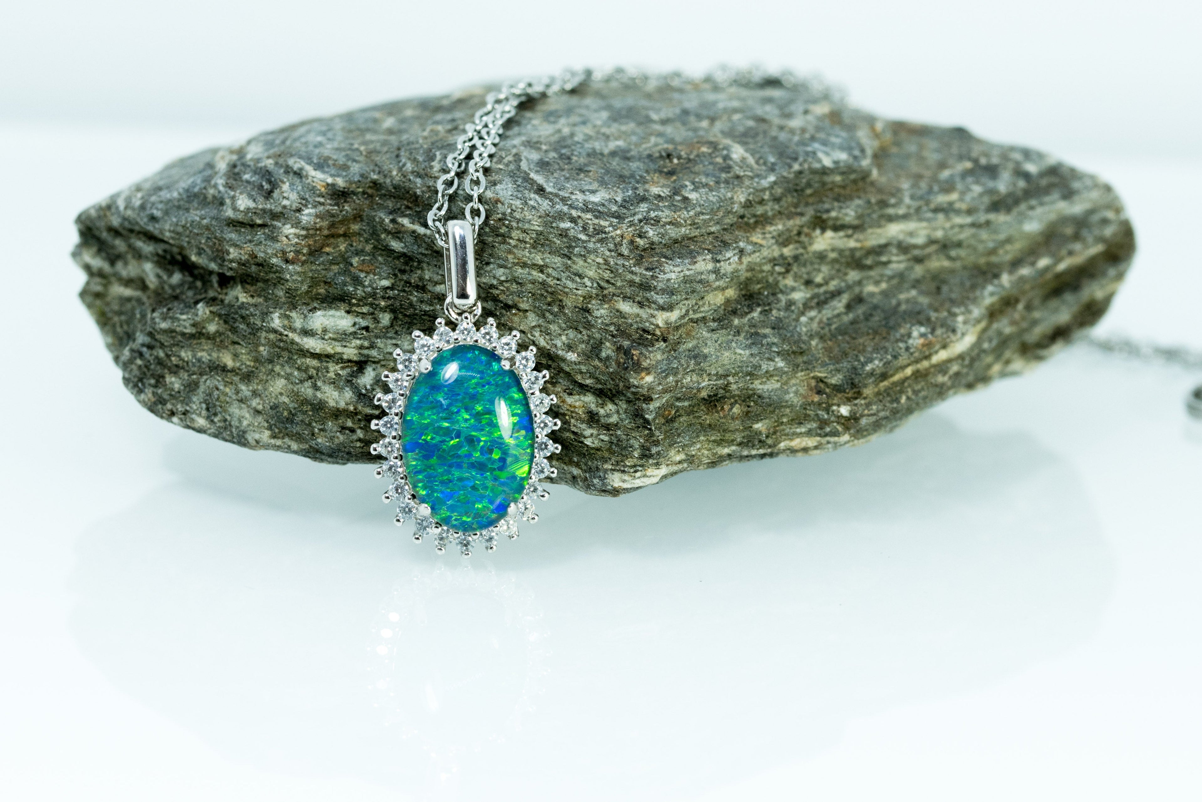 Australian Opal Halo Cluster Luxury Design - Blue Green Fire Opal Necklace - Genuine Australian Triplet Opal Necklace Pendant in Sterling Silver White Gold Plated