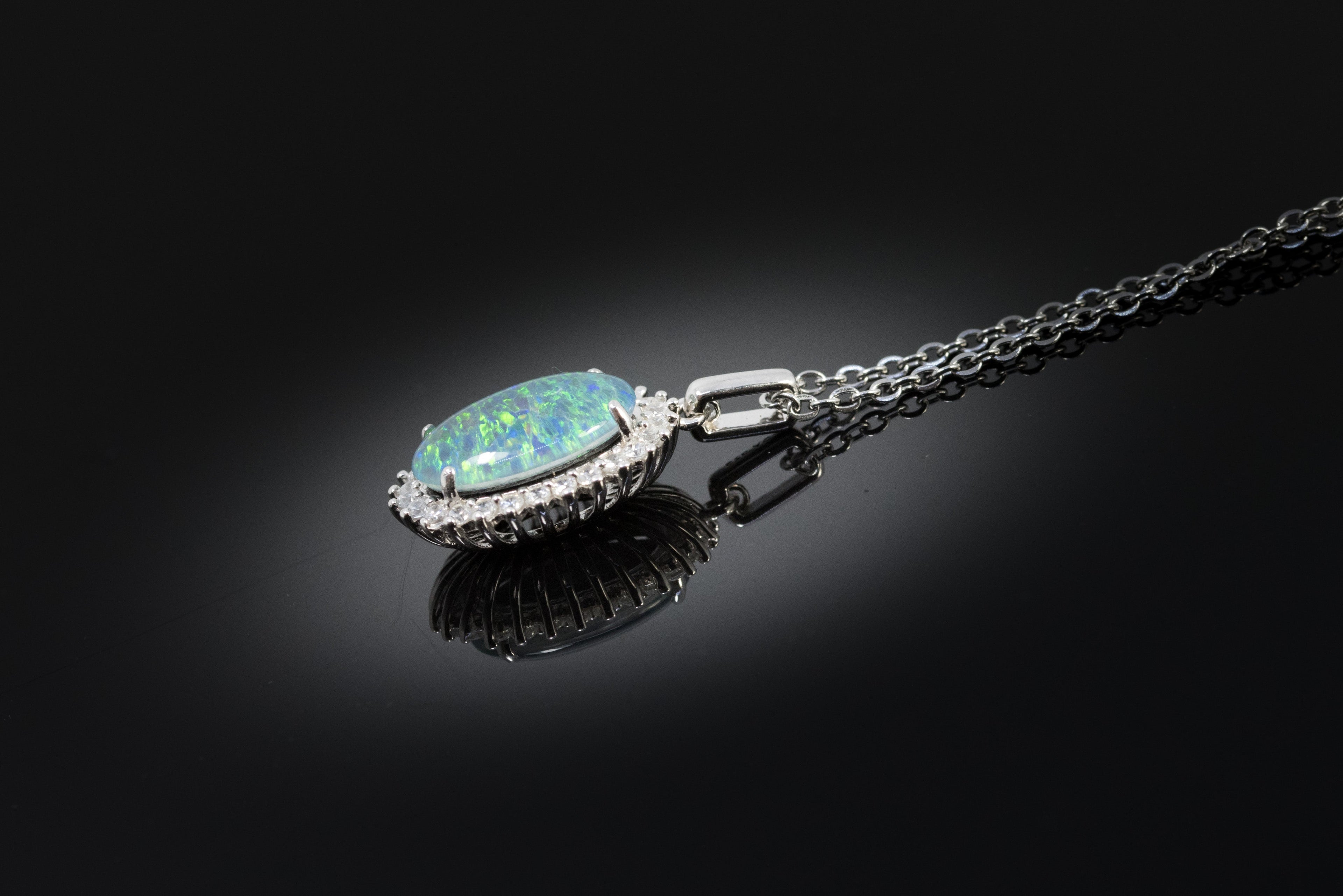 Australian Opal Halo Cluster Luxury Design - Blue Green Fire Opal Necklace - Genuine Australian Triplet Opal Necklace Pendant in Sterling Silver White Gold Plated