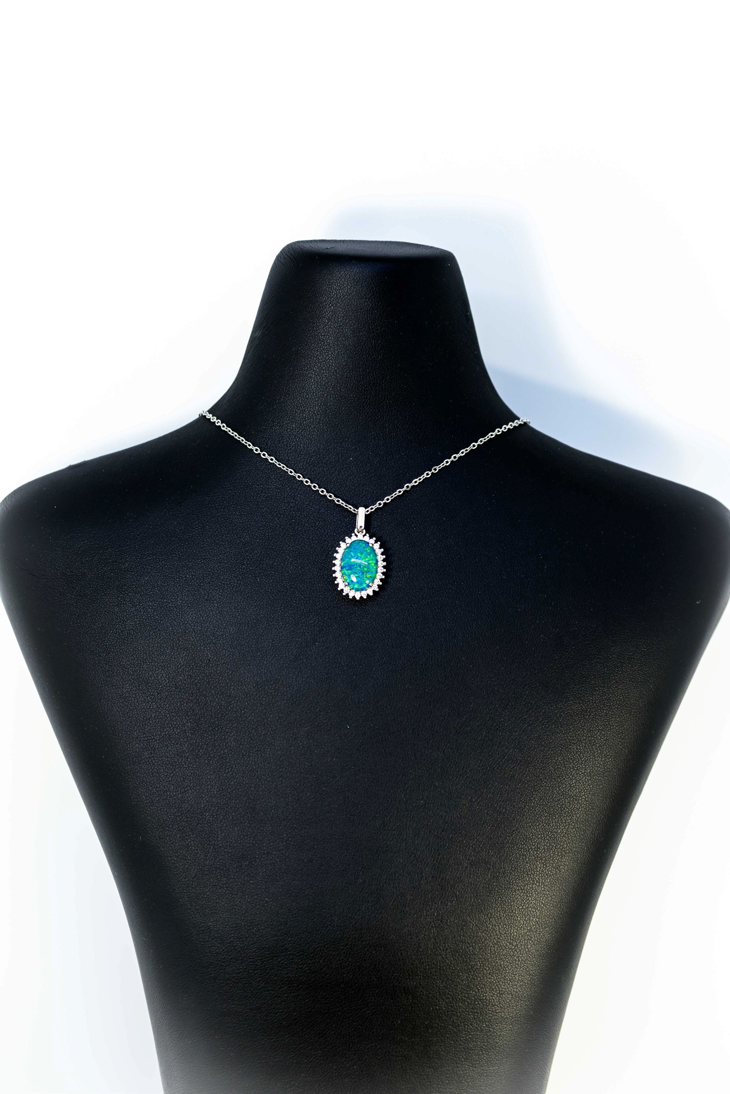 Australian Opal Halo Cluster Luxury Design - Blue Green Fire Opal Necklace - Genuine Australian Triplet Opal Necklace Pendant in Sterling Silver White Gold Plated