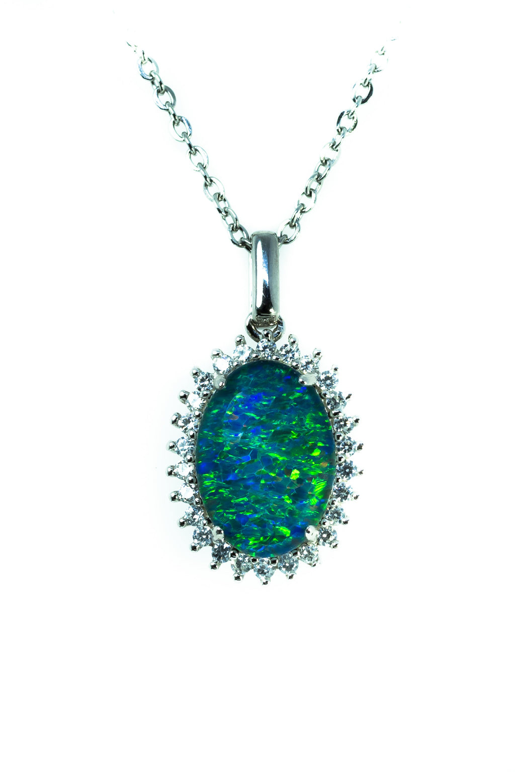 Australian Opal Halo Cluster Luxury Design - Blue Green Fire Opal Necklace - Genuine Australian Triplet Opal Necklace Pendant in Sterling Silver White Gold Plated