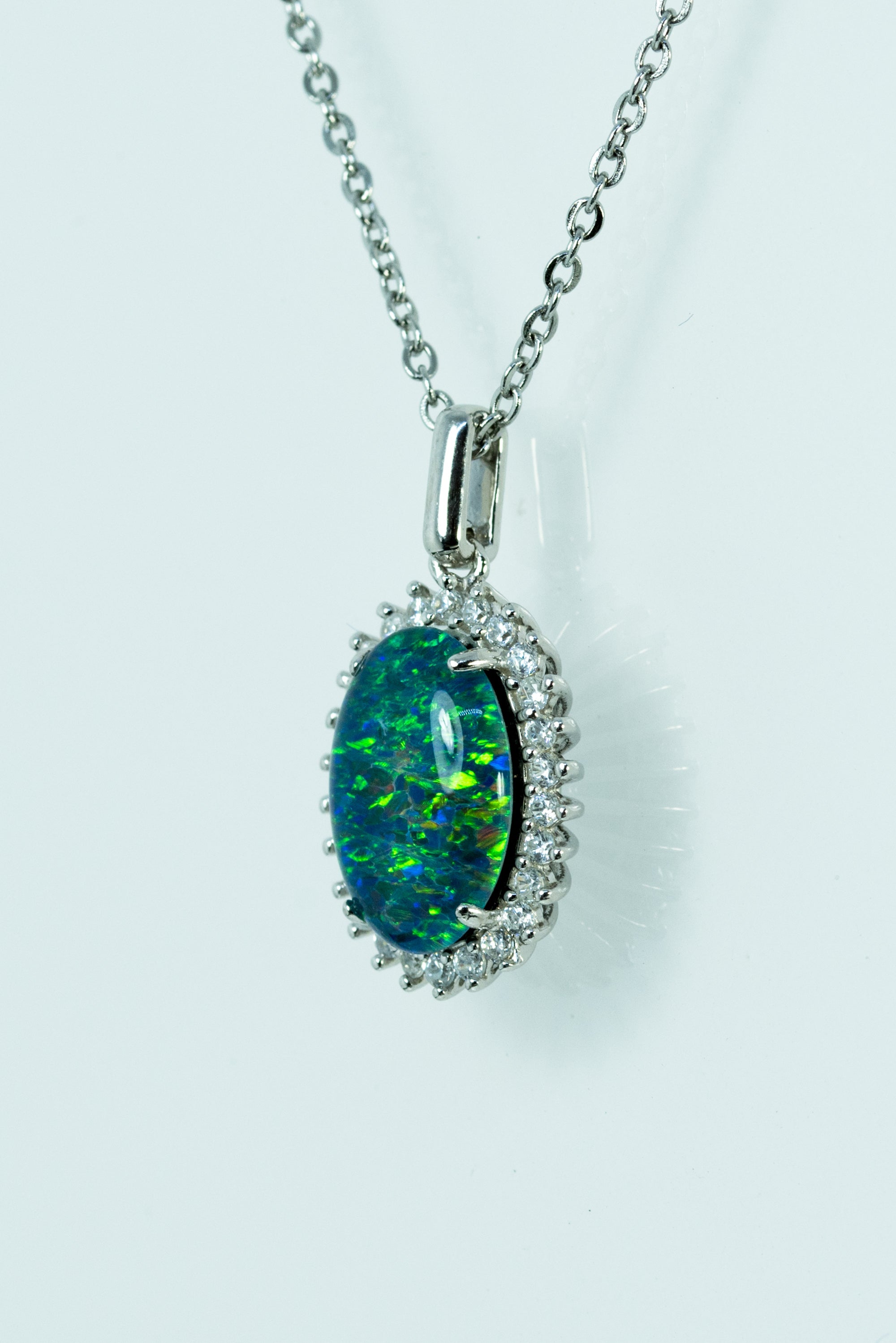 Australian Opal Halo Cluster Luxury Design - Blue Green Fire Opal Necklace - Genuine Australian Triplet Opal Necklace Pendant in Sterling Silver White Gold Plated