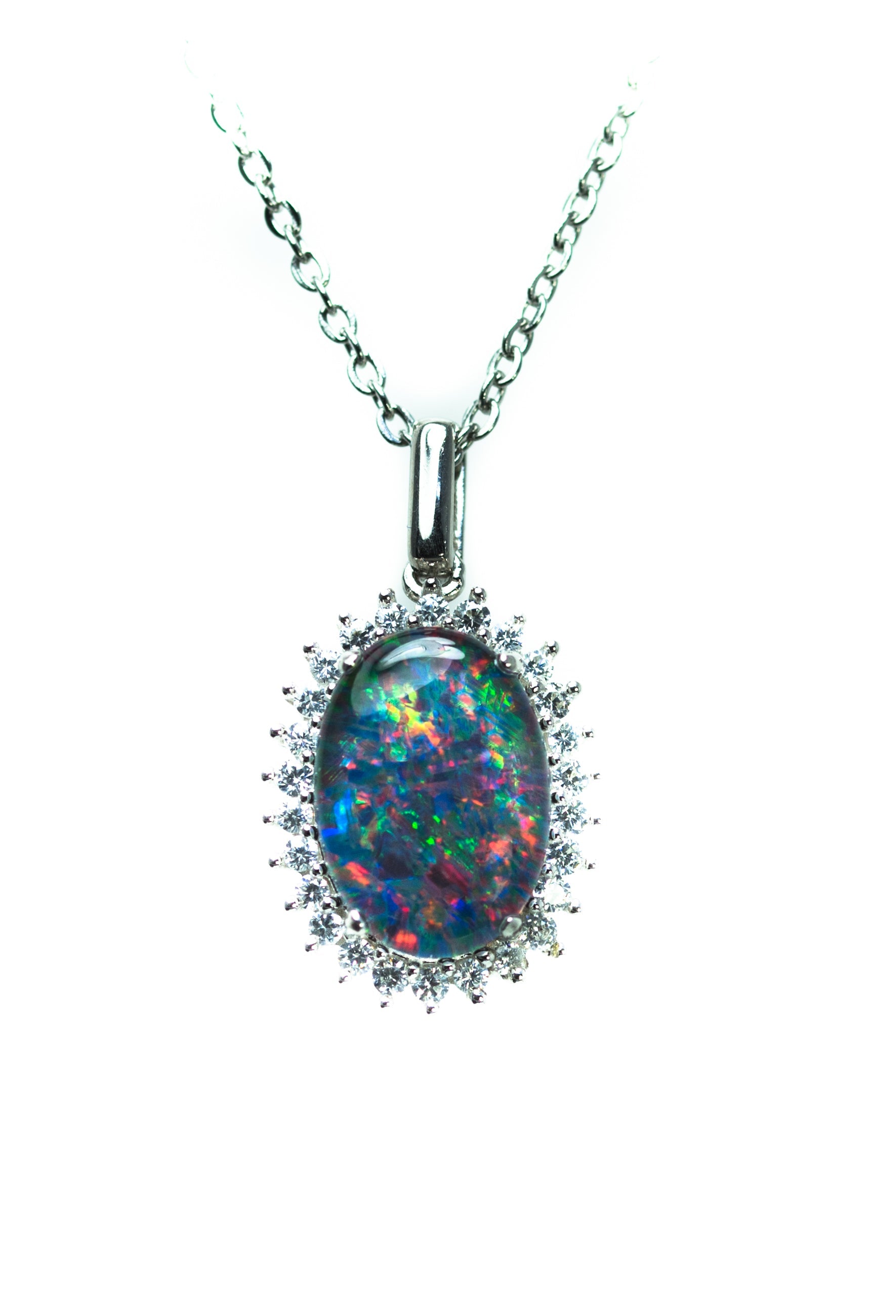 Australian Opal Halo Cluster Luxury Design - Multi Color Fire Opal Necklace - Genuine Australian Triplet Opal Necklace Pendant in Sterling Silver White Gold Plated