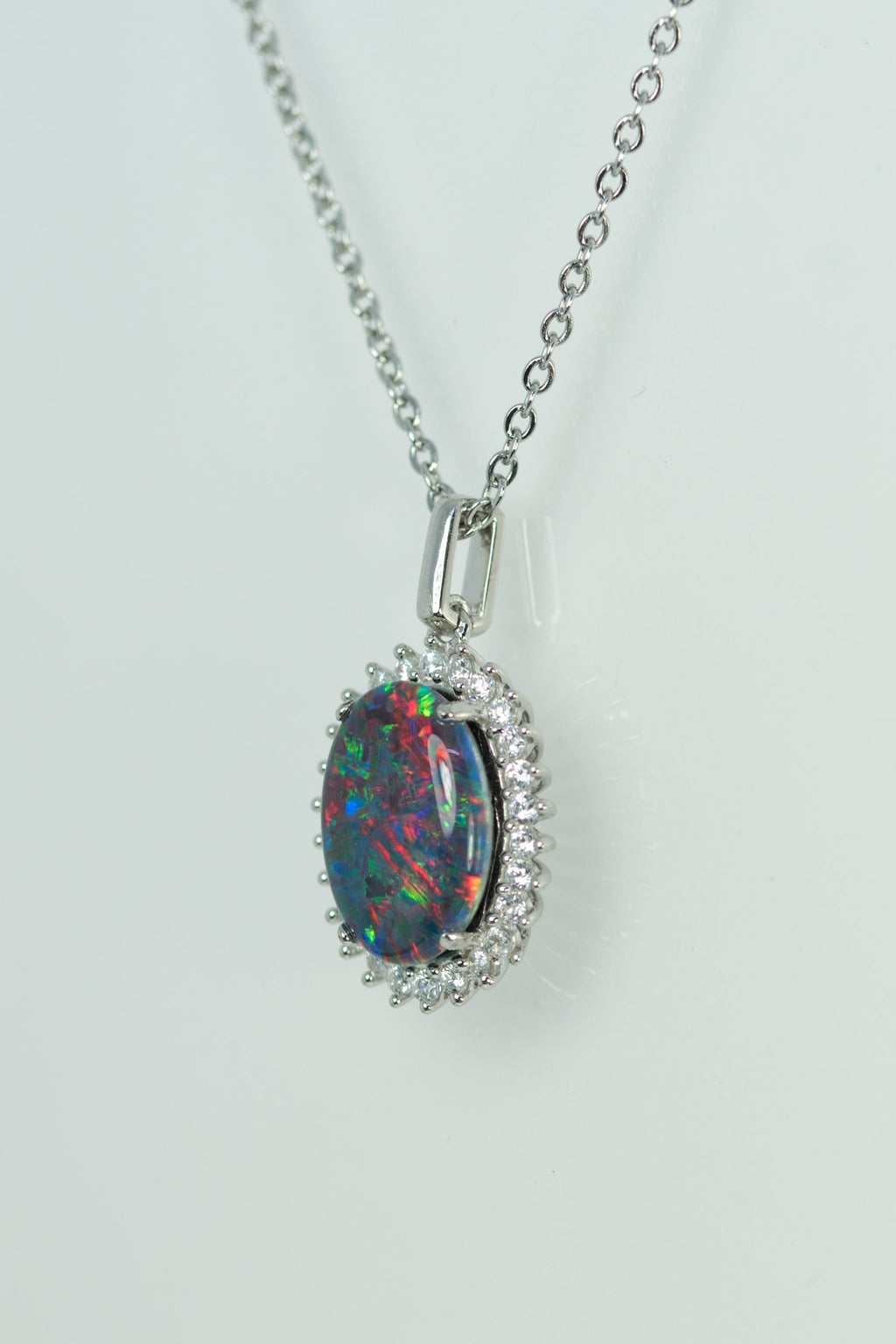 Australian Opal Halo Cluster Luxury Design - Multi Color Fire Opal Necklace - Genuine Australian Triplet Opal Necklace Pendant in Sterling Silver White Gold Plated