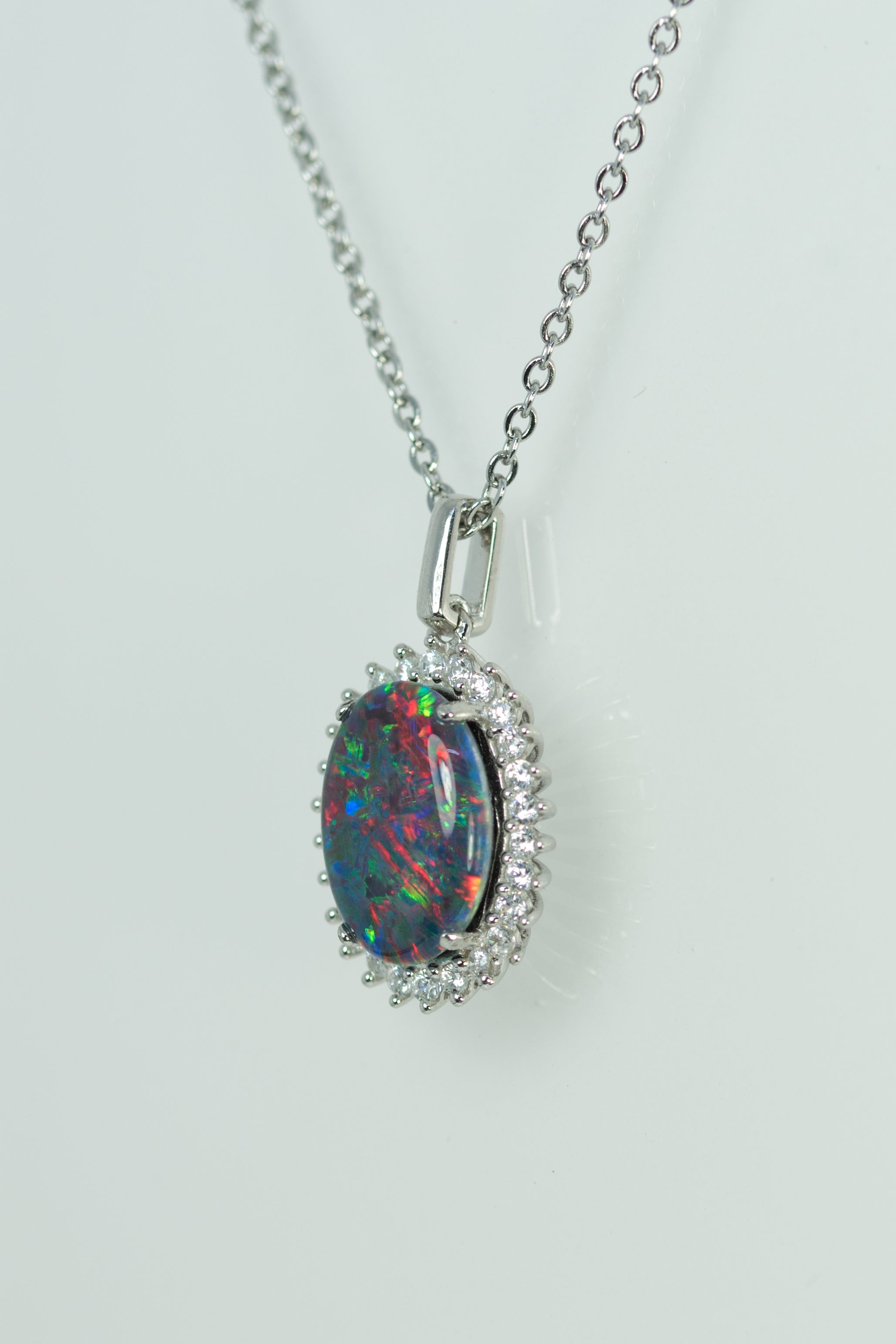 Australian Opal Halo Cluster Luxury Design - Multi Color Fire Opal Necklace - Genuine Australian Triplet Opal Necklace Pendant in Sterling Silver White Gold Plated