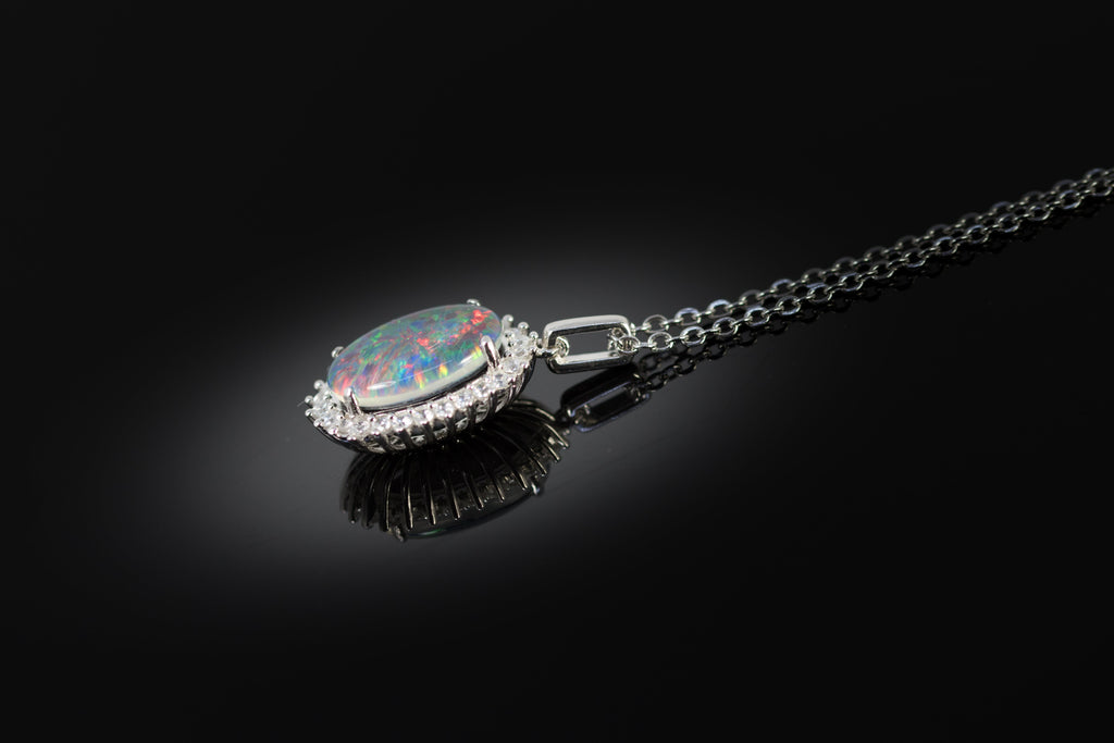 Australian Opal Halo Cluster Luxury Design - Multi Color Fire Opal Necklace - Genuine Australian Triplet Opal Necklace Pendant in Sterling Silver White Gold Plated
