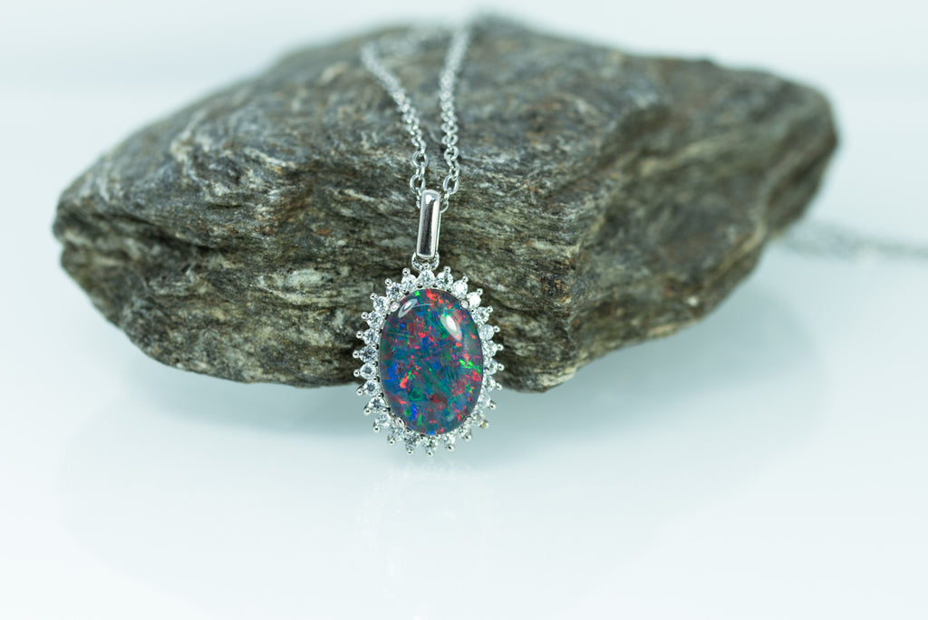 Australian Opal Halo Cluster Luxury Design - Multi Color Fire Opal Necklace - Genuine Australian Triplet Opal Necklace Pendant in Sterling Silver White Gold Plated