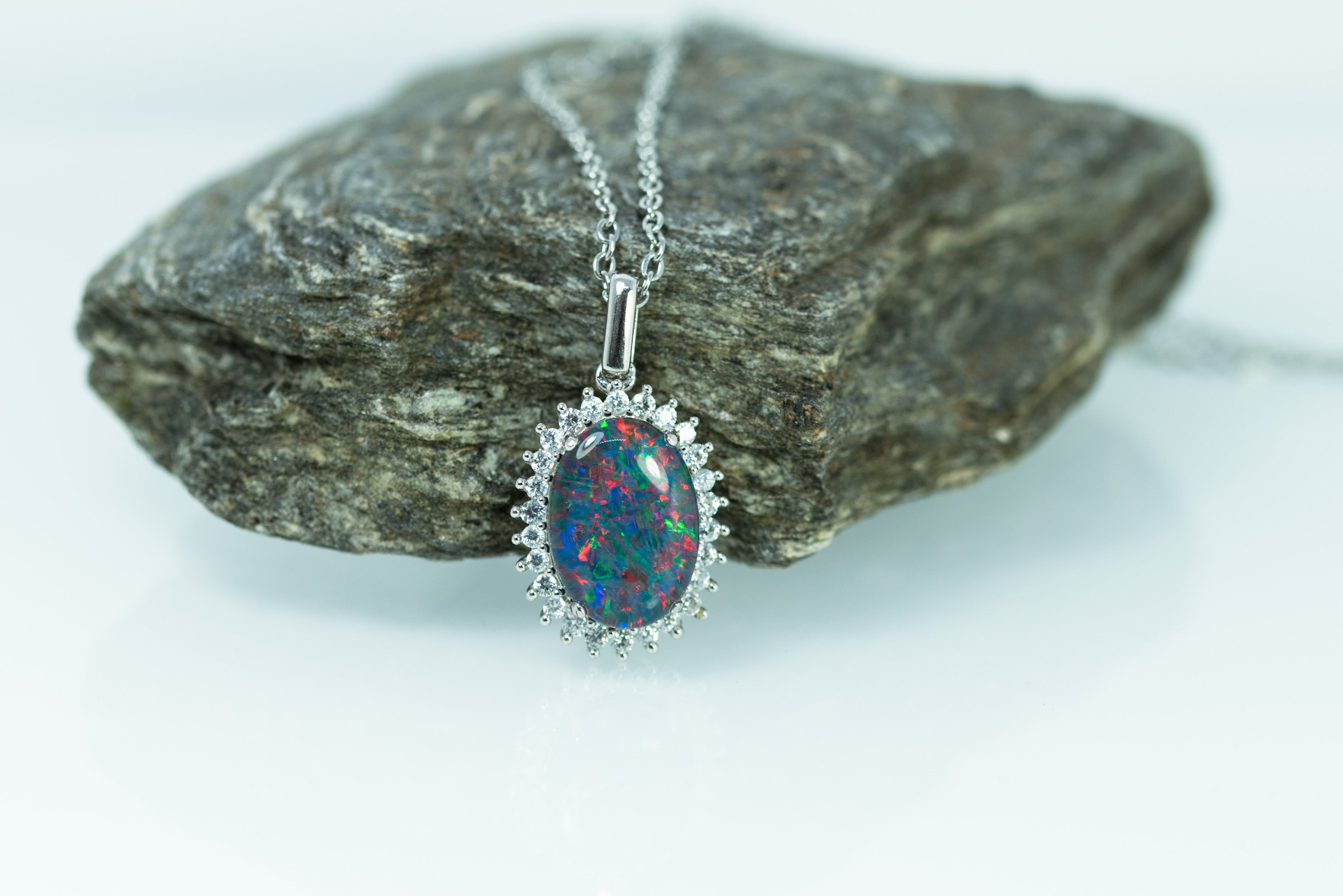 Australian Opal Halo Cluster Luxury Design - Multi Color Fire Opal Necklace - Genuine Australian Triplet Opal Necklace Pendant in Sterling Silver White Gold Plated
