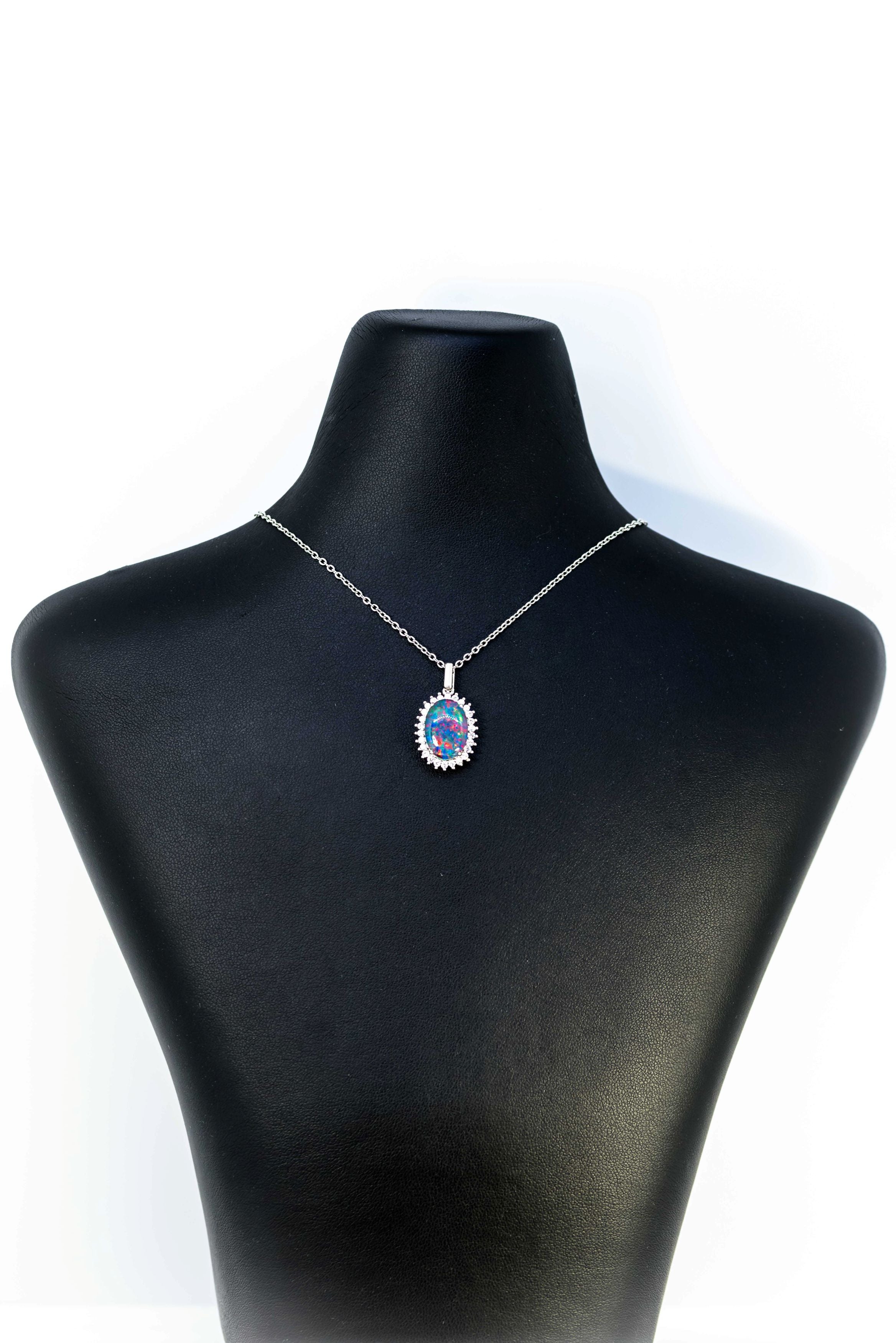 Australian Opal Halo Cluster Luxury Design - Multi Color Fire Opal Necklace - Genuine Australian Triplet Opal Necklace Pendant in Sterling Silver White Gold Plated