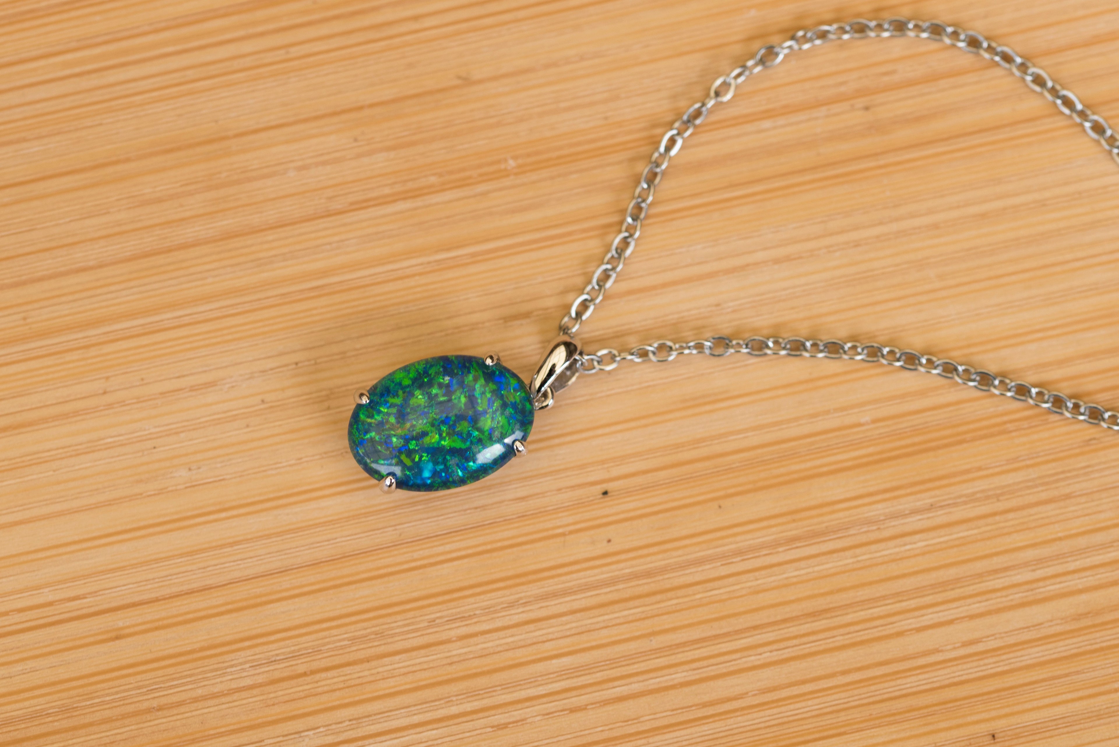 Genuine Australia Triplet Opal Pendant - Fire Opal Necklace - Simple Design in Blue Green Color - Simple Oval Design - Sterling Silver White Gold Plated