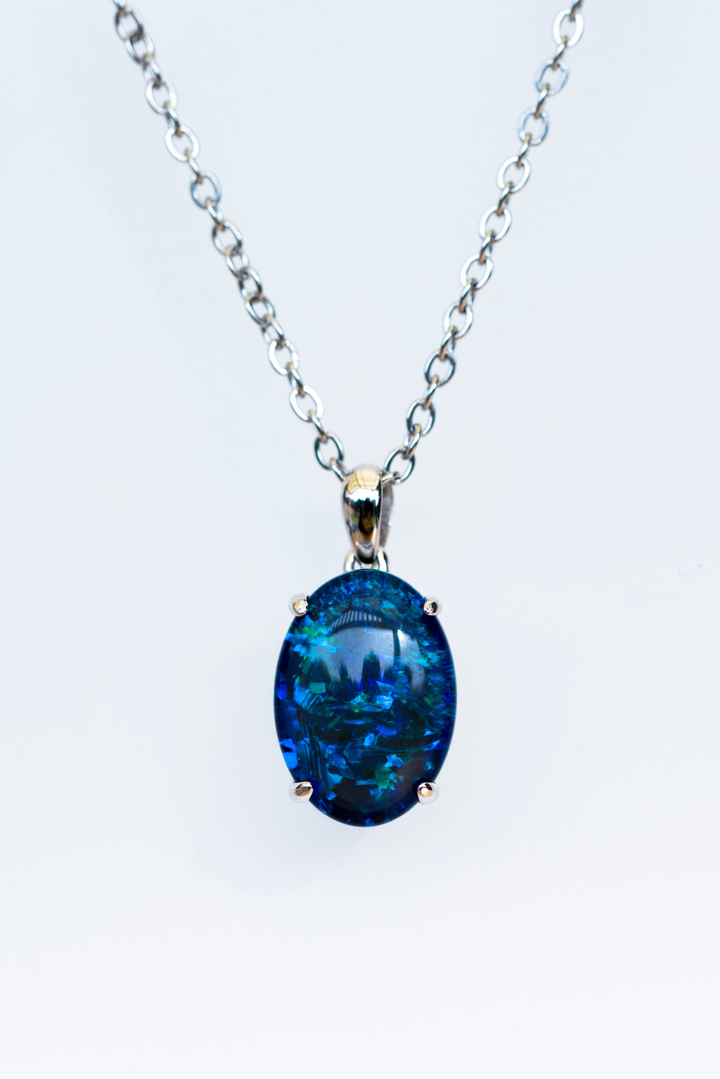 Genuine Australia Triplet Opal - Ocean Blue Color Opal Necklace in Simple Design - Authentic Australian Triplet Opal Necklace Pendant in Sterling Silver White Gold Plated for Women