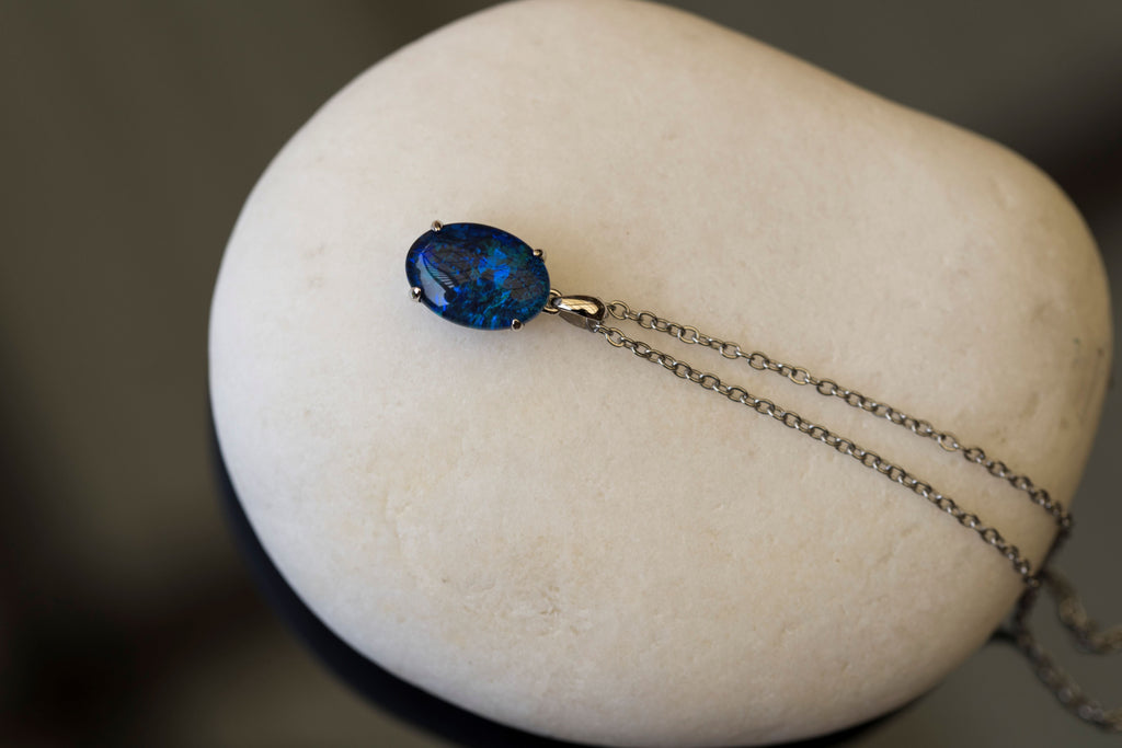 Genuine Australia Triplet Opal - Ocean Blue Color Opal Necklace in Simple Design - Authentic Australian Triplet Opal Necklace Pendant in Sterling Silver White Gold Plated for Women