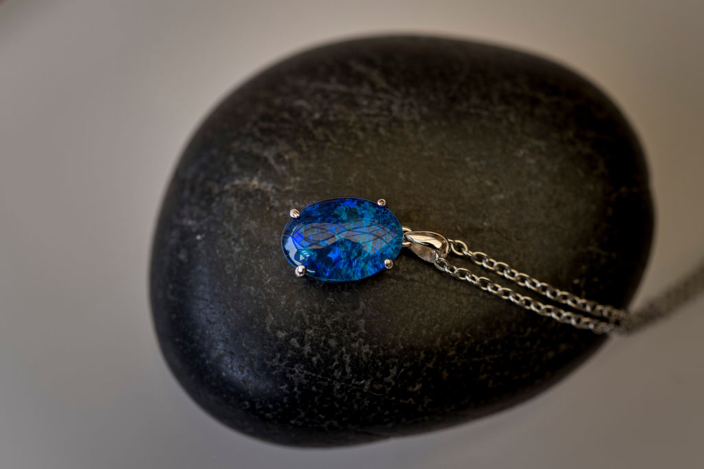 Genuine Australia Triplet Opal - Ocean Blue Color Opal Necklace in Simple Design - Authentic Australian Triplet Opal Necklace Pendant in Sterling Silver White Gold Plated for Women