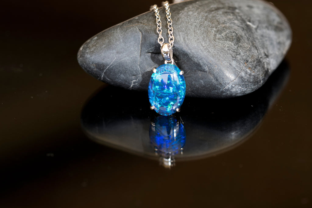 Genuine Australia Triplet Opal - Ocean Blue Color Opal Necklace in Simple Design - Authentic Australian Triplet Opal Necklace Pendant in Sterling Silver White Gold Plated for Women