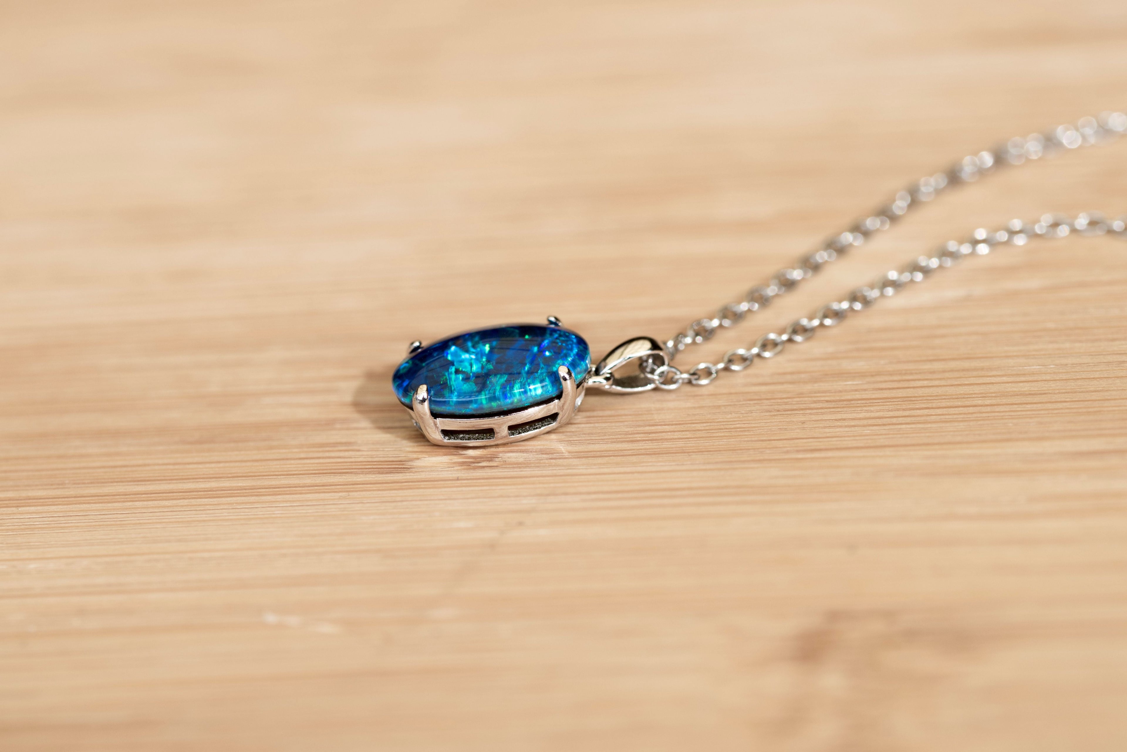 Genuine Australia Triplet Opal - Ocean Blue Color Opal Necklace in Simple Design - Authentic Australian Triplet Opal Necklace Pendant in Sterling Silver White Gold Plated for Women