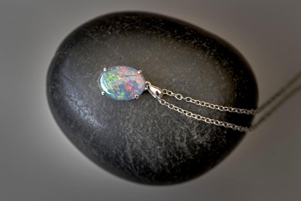 Authentic Australia Triplet Opal - Multi Color Fire Opal Necklace - Genuine Australian Triplet Opal Necklace Pendant in Sterling Silver White Gold Plated for Women - Simple Oval Design