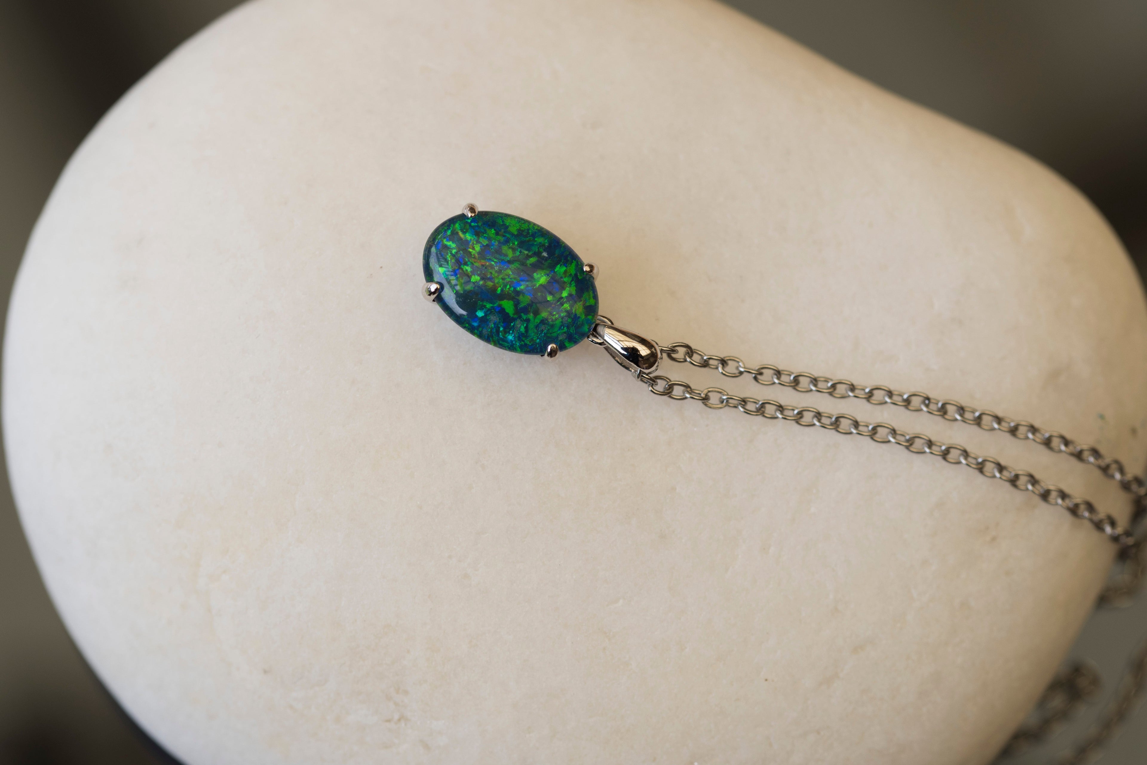 Genuine Australia Triplet Opal Pendant - Fire Opal Necklace - Simple Design in Blue Green Color - Simple Oval Design - Sterling Silver White Gold Plated