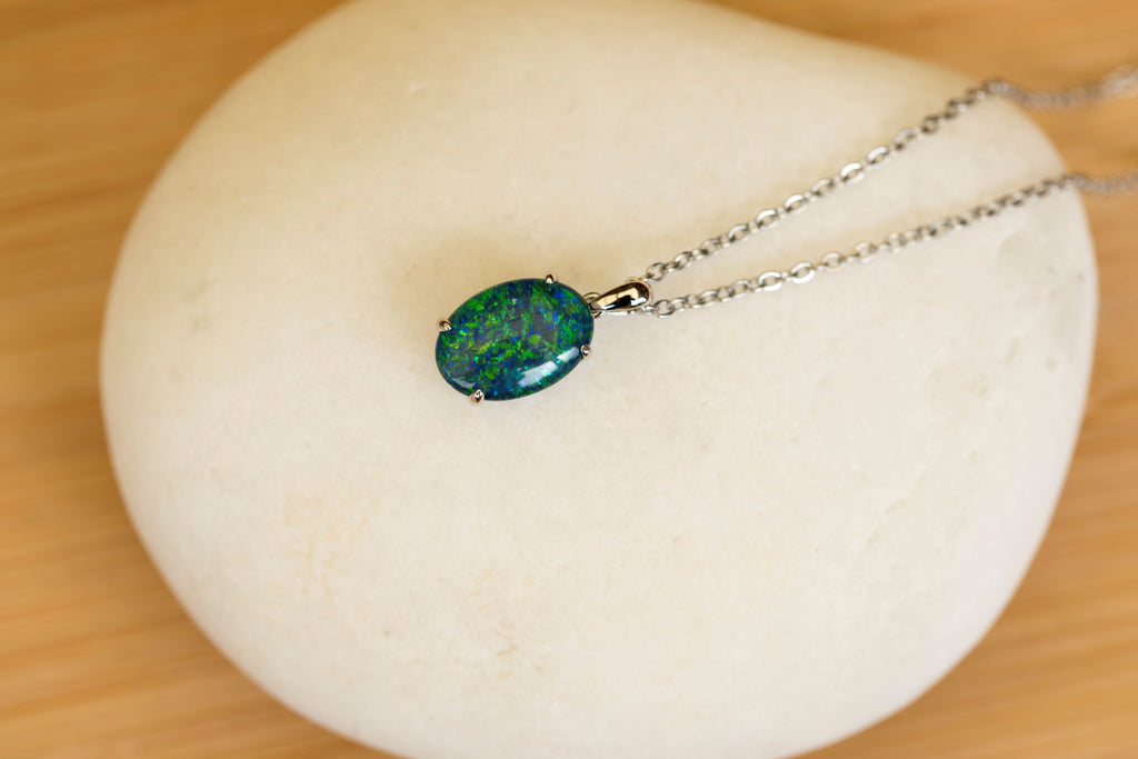 Genuine Australia Triplet Opal Pendant - Fire Opal Necklace - Simple Design in Blue Green Color - Simple Oval Design - Sterling Silver White Gold Plated