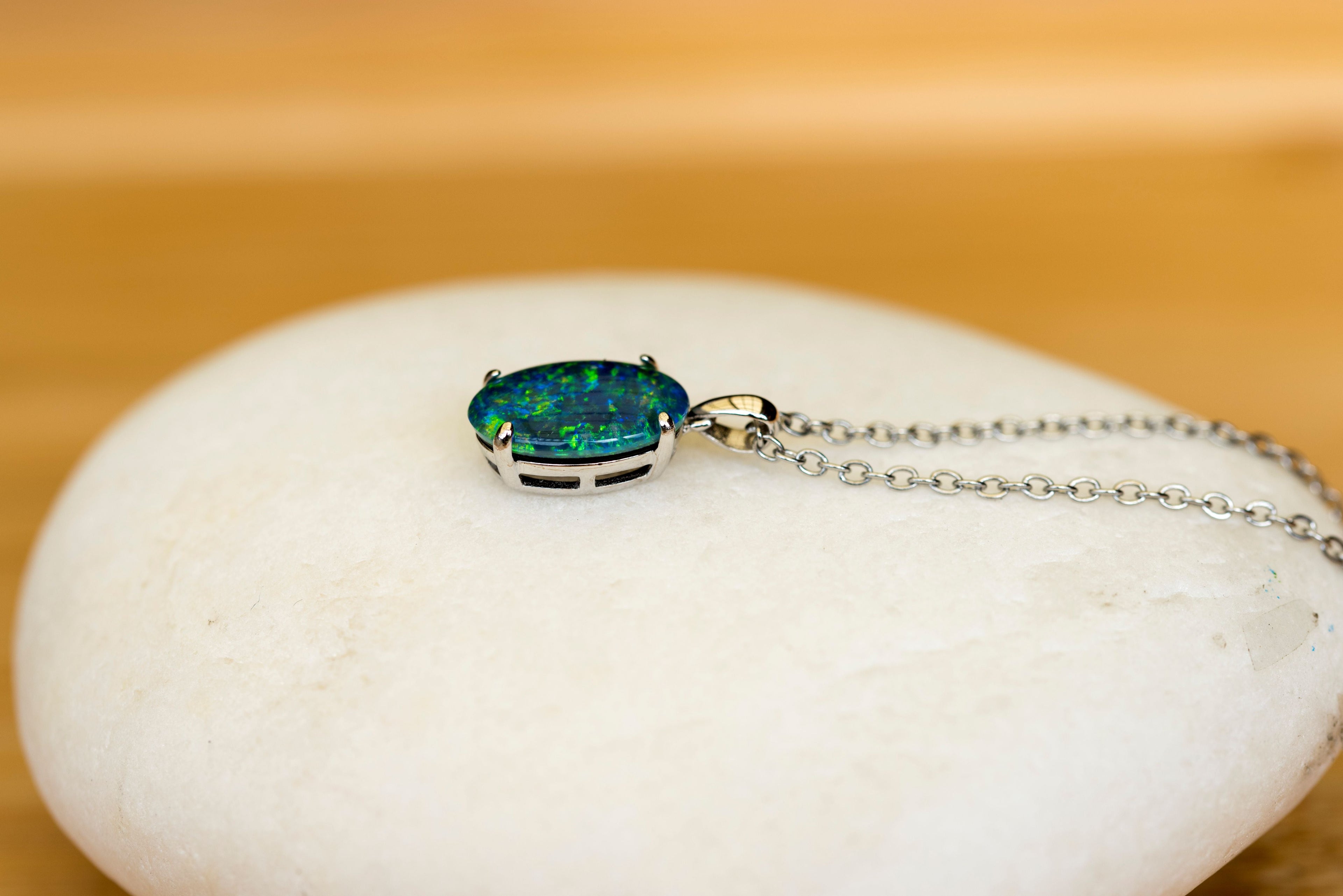 Genuine Australia Triplet Opal Pendant - Fire Opal Necklace - Simple Design in Blue Green Color - Simple Oval Design - Sterling Silver White Gold Plated