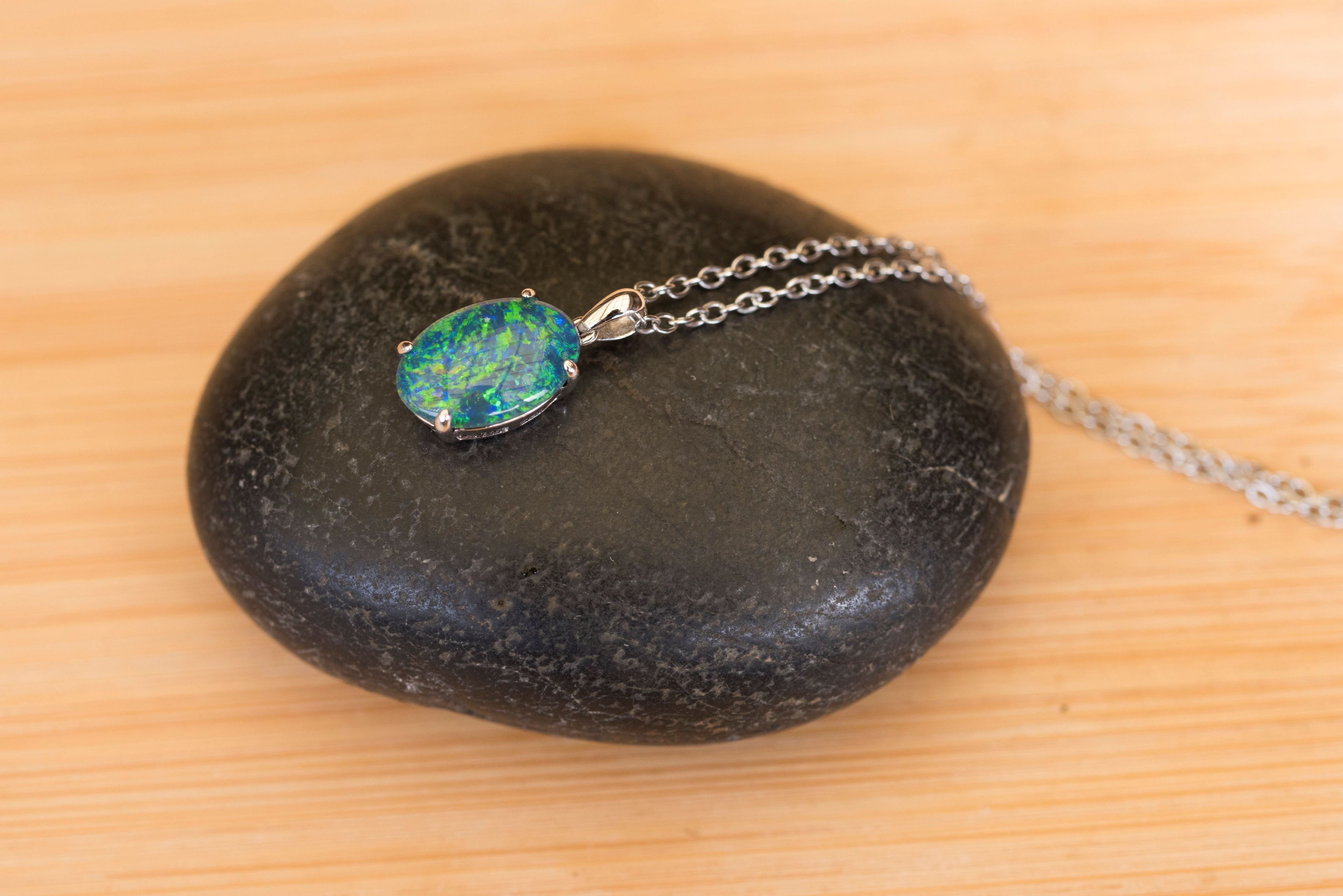 Genuine Australia Triplet Opal Pendant - Fire Opal Necklace - Simple Design in Blue Green Color - Simple Oval Design - Sterling Silver White Gold Plated