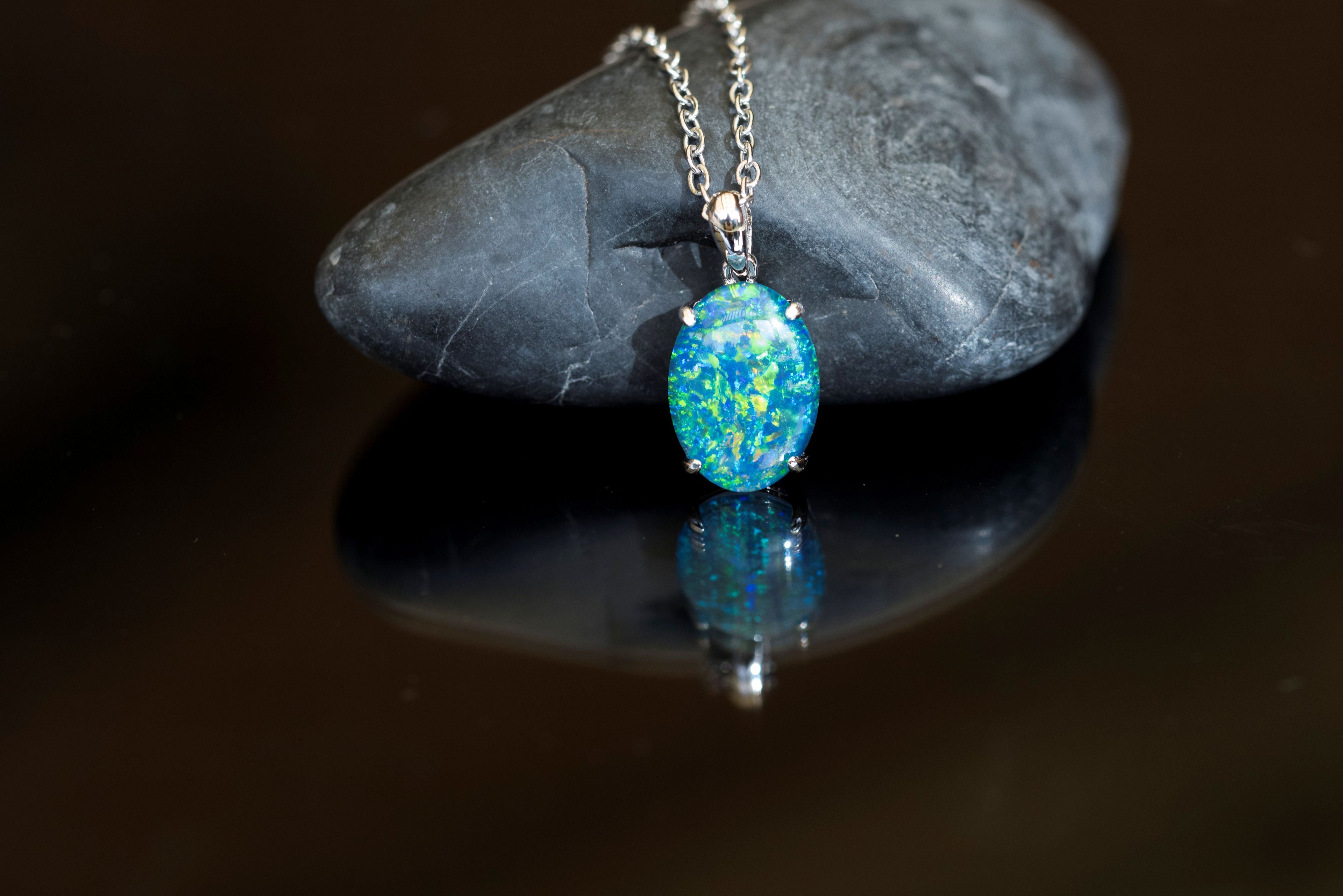 Genuine Australia Triplet Opal Pendant - Fire Opal Necklace - Simple Design in Blue Green Color - Simple Oval Design - Sterling Silver White Gold Plated