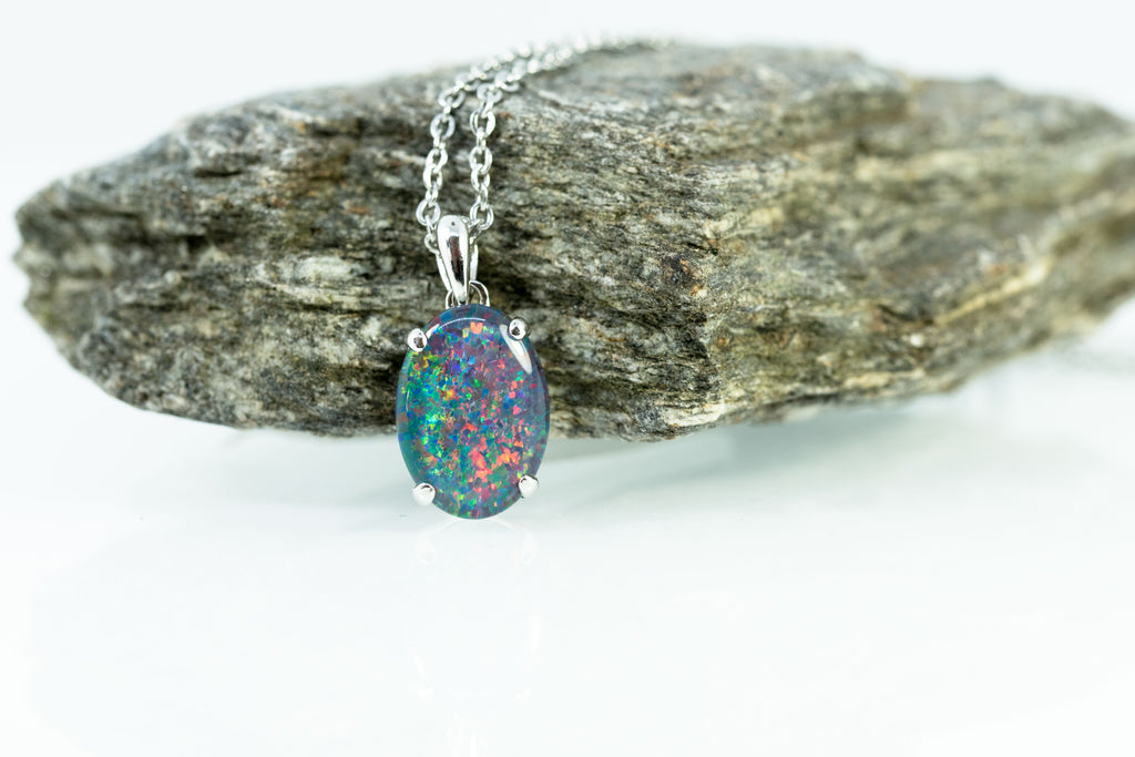 Authentic Australia Triplet Opal - Multi Color Fire Opal Necklace - Genuine Australian Triplet Opal Necklace Pendant in Sterling Silver White Gold Plated for Women - Simple Oval Design