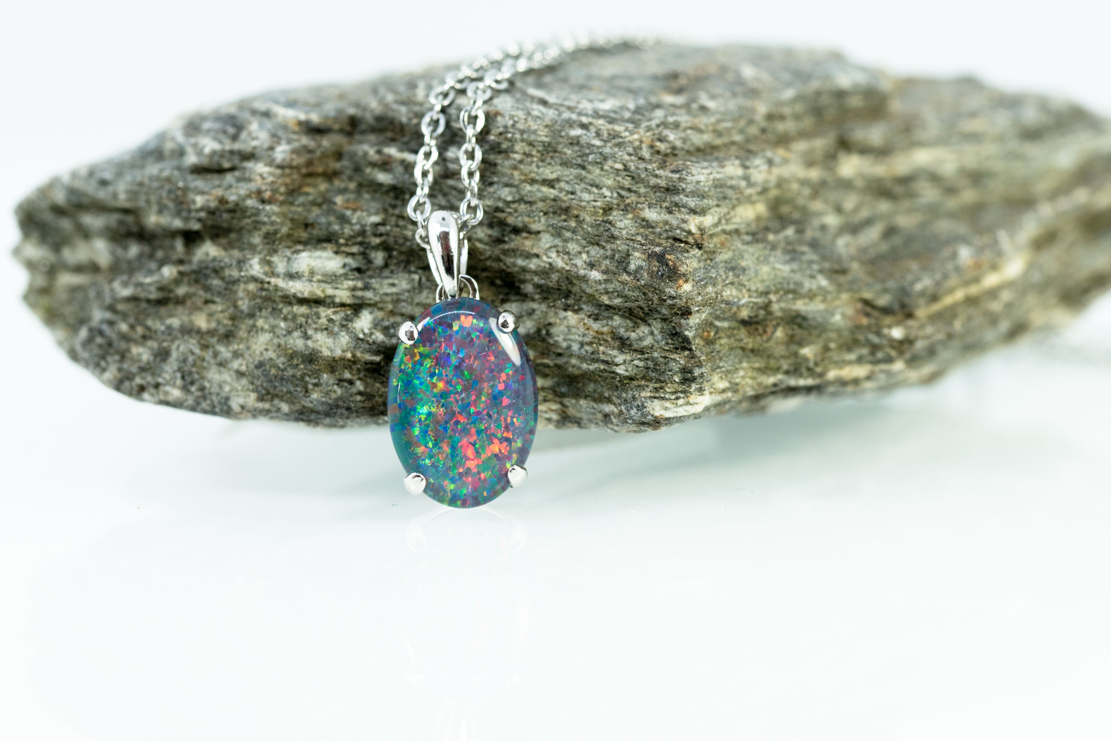 Authentic Australia Triplet Opal - Multi Color Fire Opal Necklace - Genuine Australian Triplet Opal Necklace Pendant in Sterling Silver White Gold Plated for Women - Simple Oval Design
