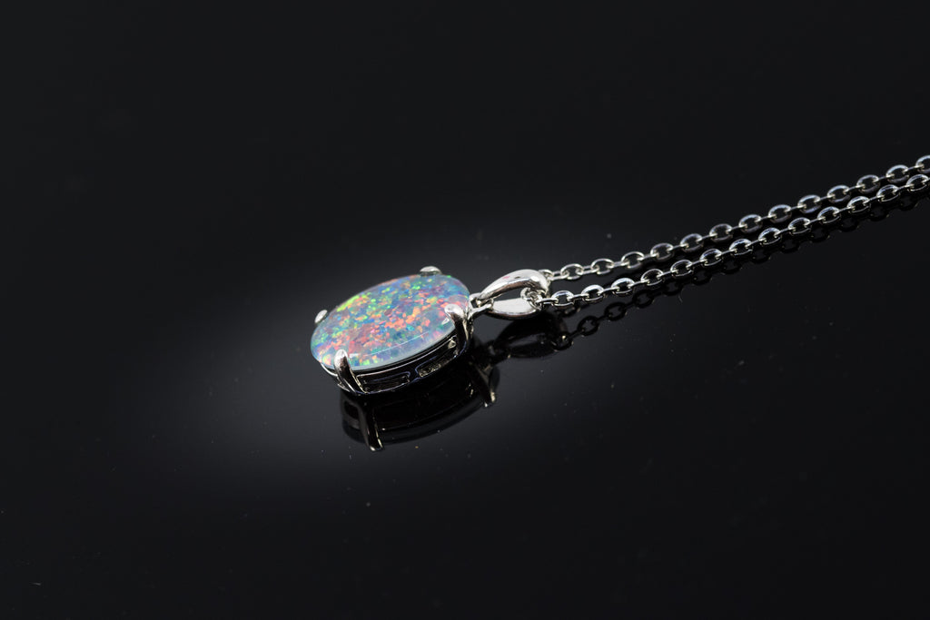 Authentic Australia Triplet Opal - Multi Color Fire Opal Necklace - Genuine Australian Triplet Opal Necklace Pendant in Sterling Silver White Gold Plated for Women - Simple Oval Design
