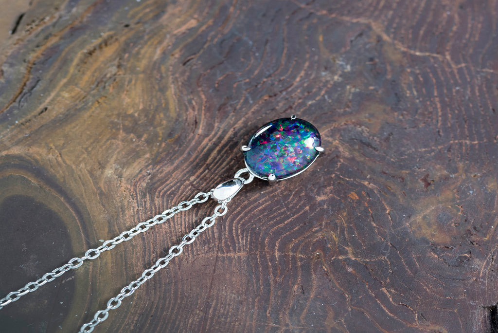 Authentic Australia Triplet Opal - Multi Color Fire Opal Necklace - Genuine Australian Triplet Opal Necklace Pendant in Sterling Silver White Gold Plated for Women - Simple Oval Design